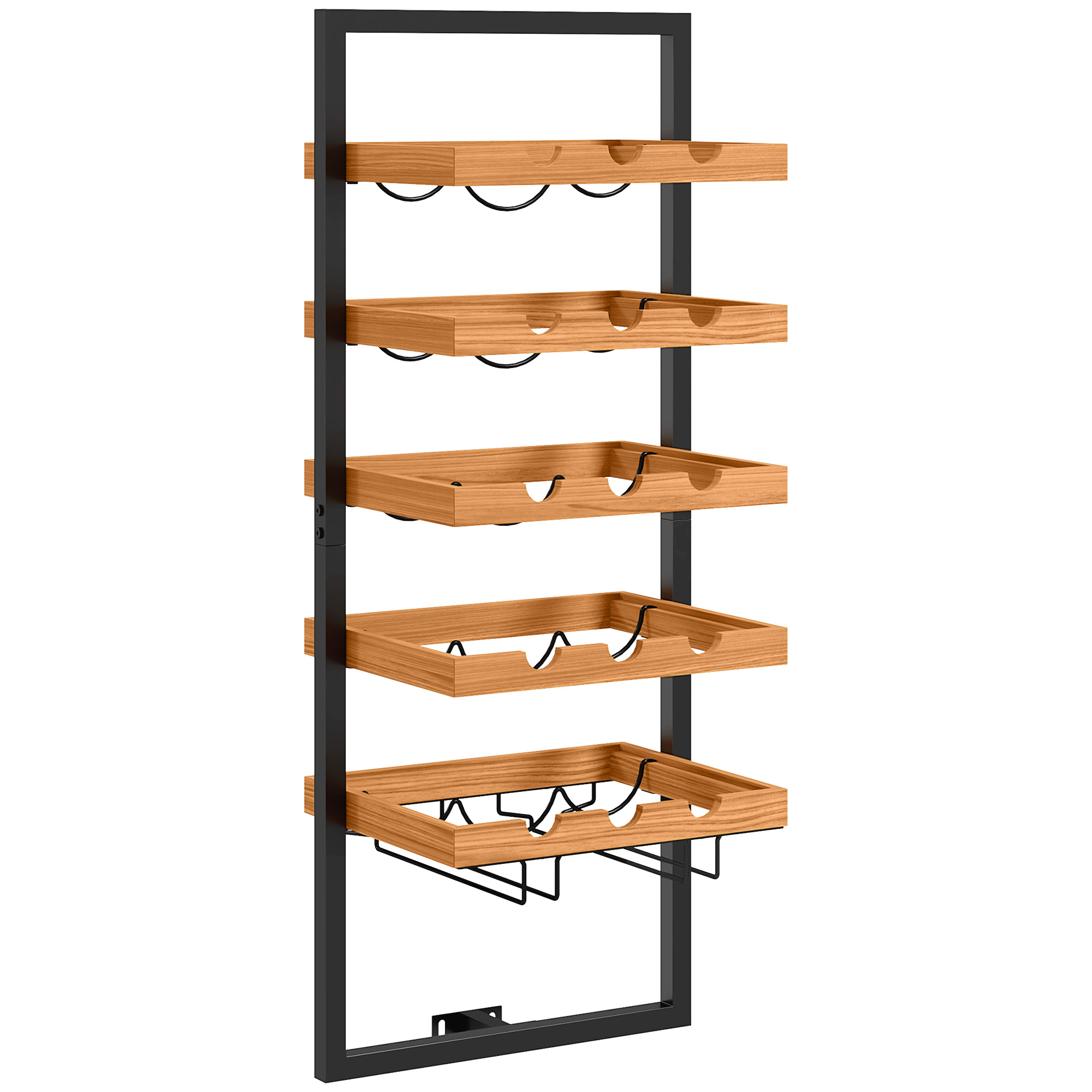Wand-Weinregal, 5 Ebenen, Flaschenhalter, Gläserhalter, Kiefernholz, Stahl, Hausbar, Küche, Wohnzimmer, Braun Wand-Weinregal, 5 Ebenen, Flaschenhalter, Gläserhalter, Kiefernholz, Stahl, Hausbar, Küche, Wohnzimmer, Braun