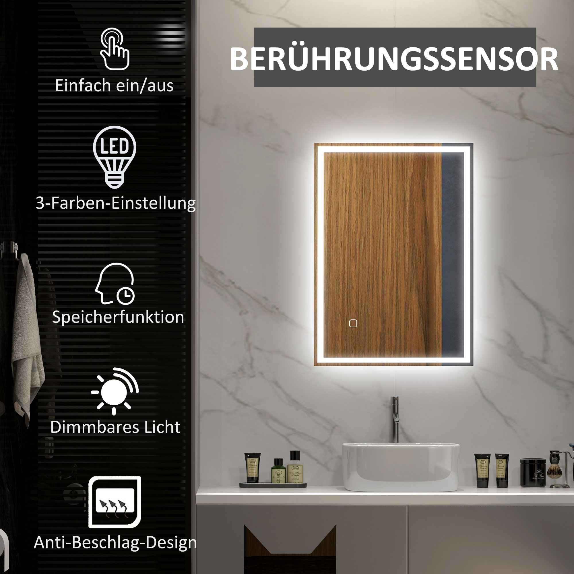 Badspiegel Badezimmerspiegel Wandspiegel LED´s. Berührungsschalter, Weiß