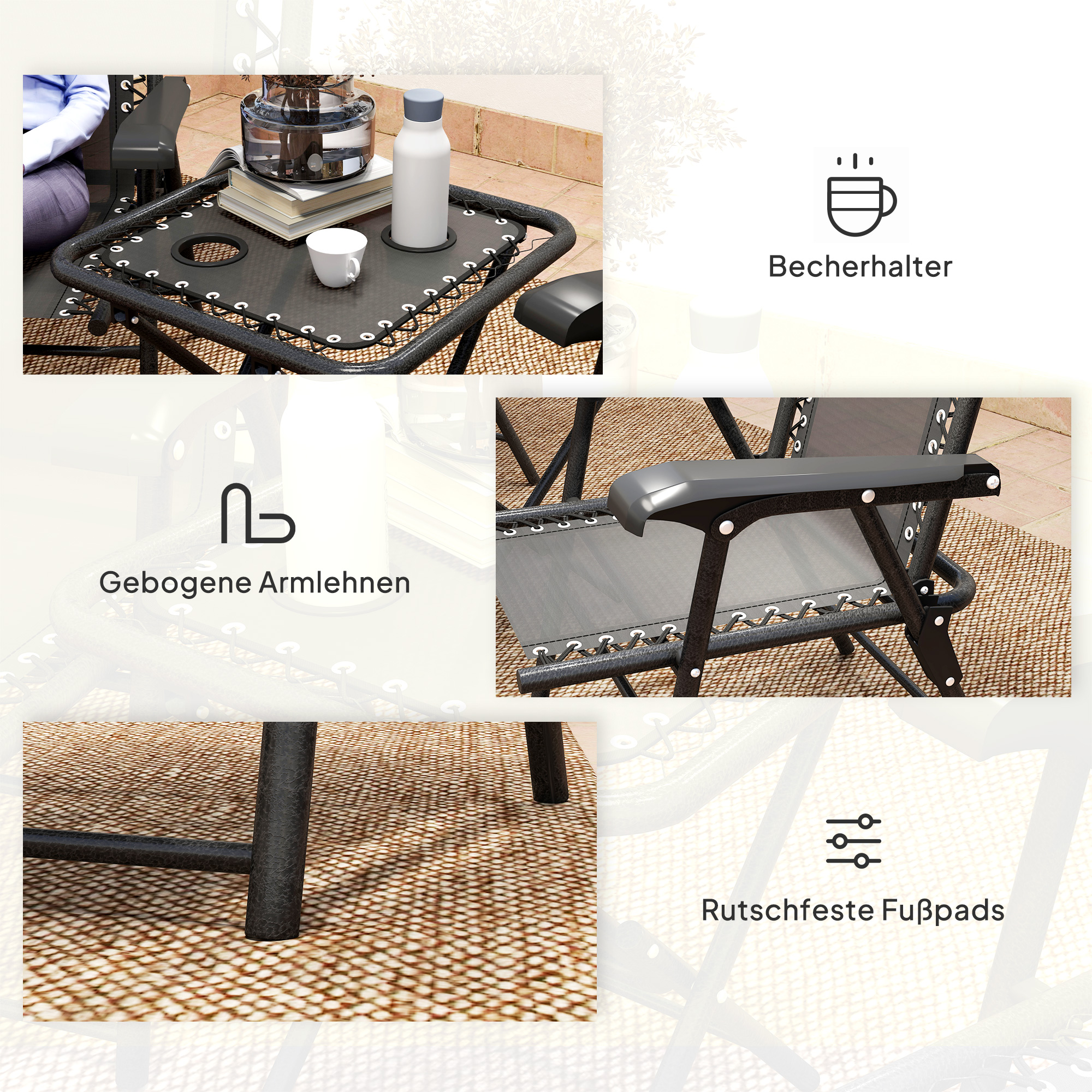 Bistro Set 3-teilig aus Stahl Wetterfest Gartenmöbel Set mit klappbar Bistrotisch Becherhalter Gartenstühlen Schwarz