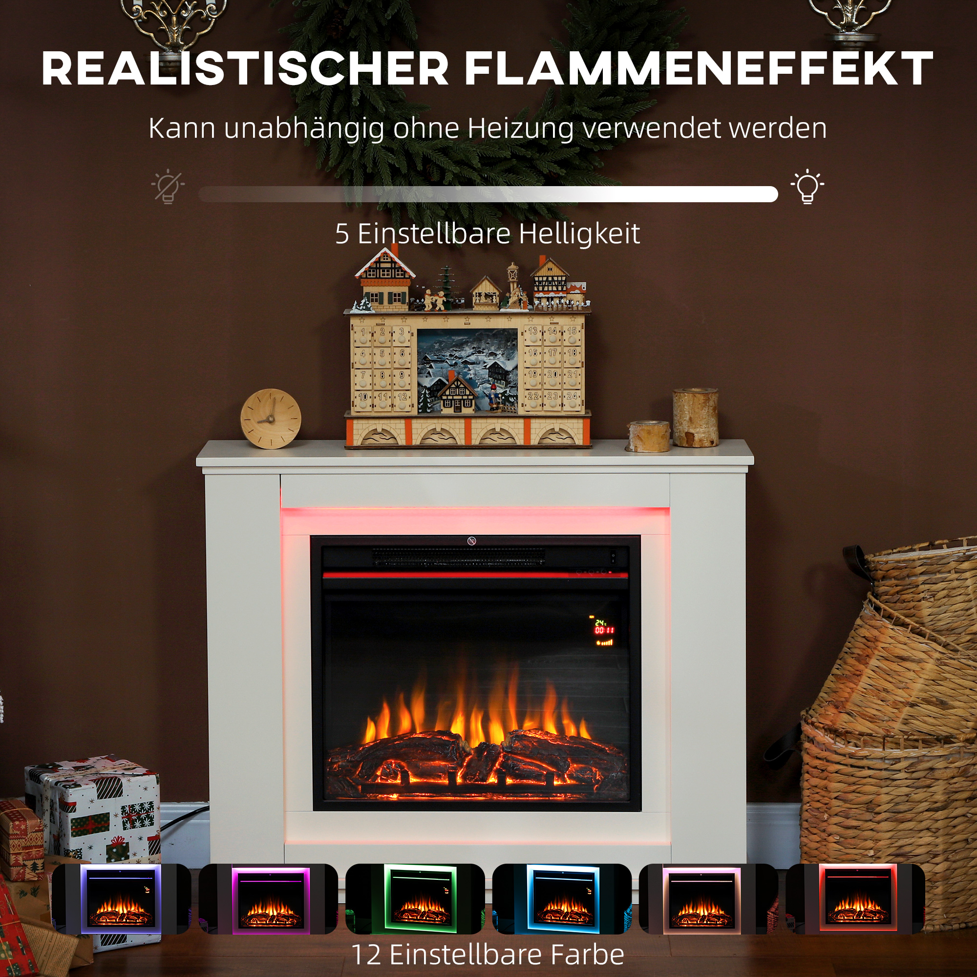 Elektrischer Kamin, realistische Flammen mit 12 Farben, 5 Helligkeitsstufen, Fernbedienung, Timer, Schwarz