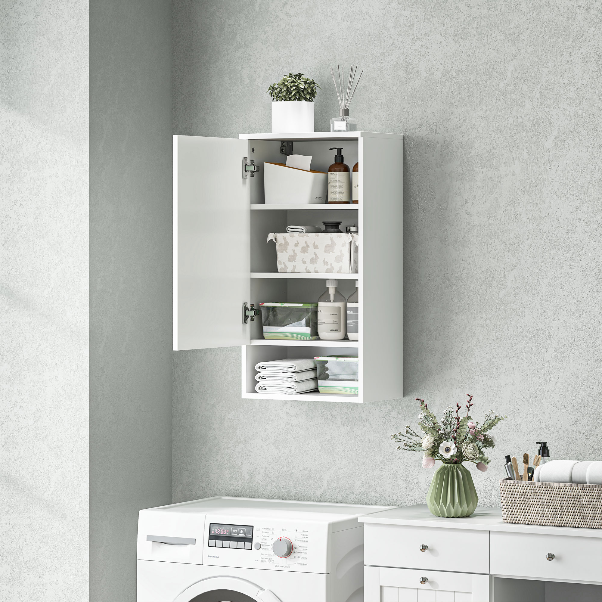 Wandmontierter Badezimmerschrank, Wandschrank für Badezimmer mit verstellbaren Ablagen, offenem Fach, Holz, Weiß