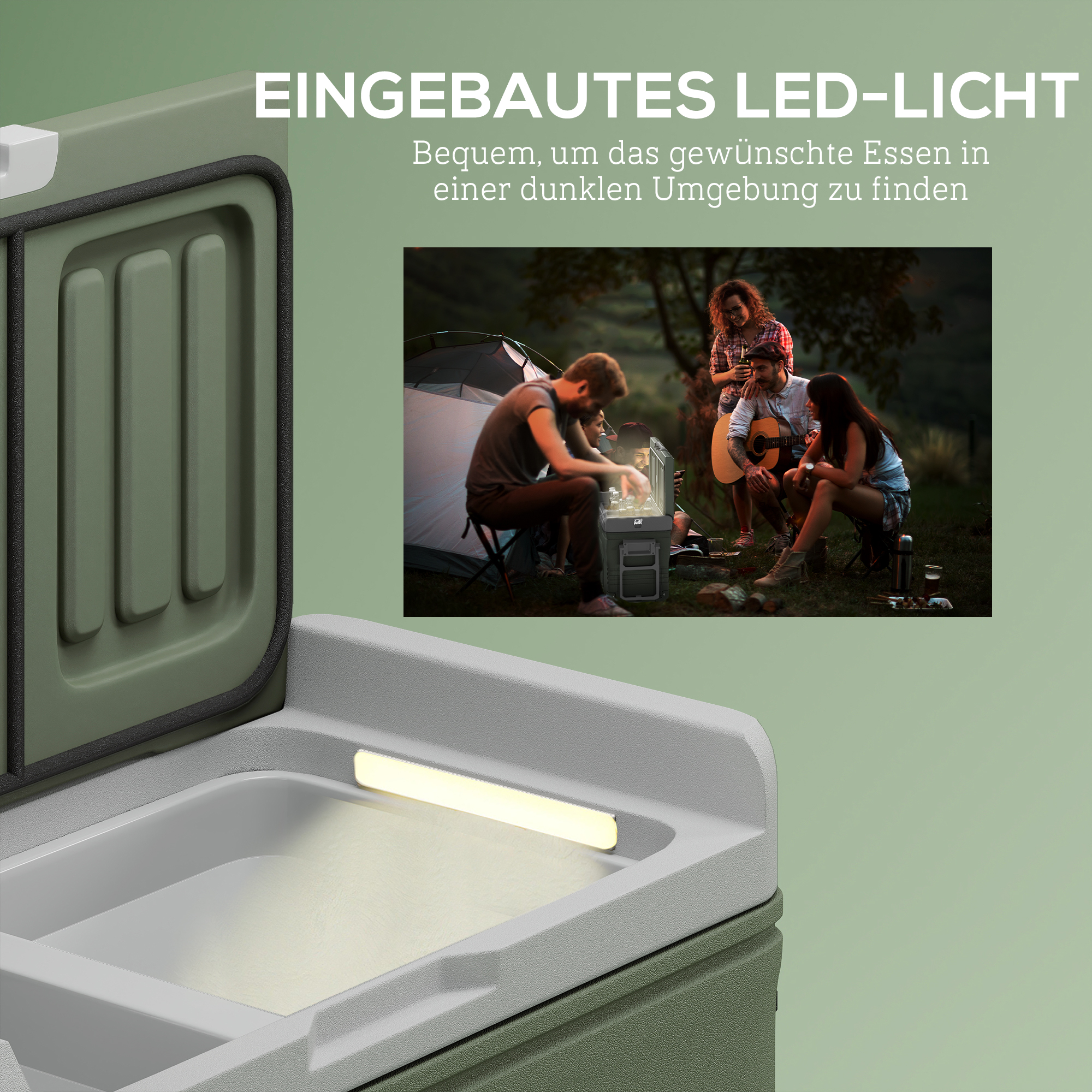 33l Campingkühlschrank, Reisekühlbox, tragbarer Autokühlschrank mit 2 Fächern und Rädern, Kunststoff, Grün