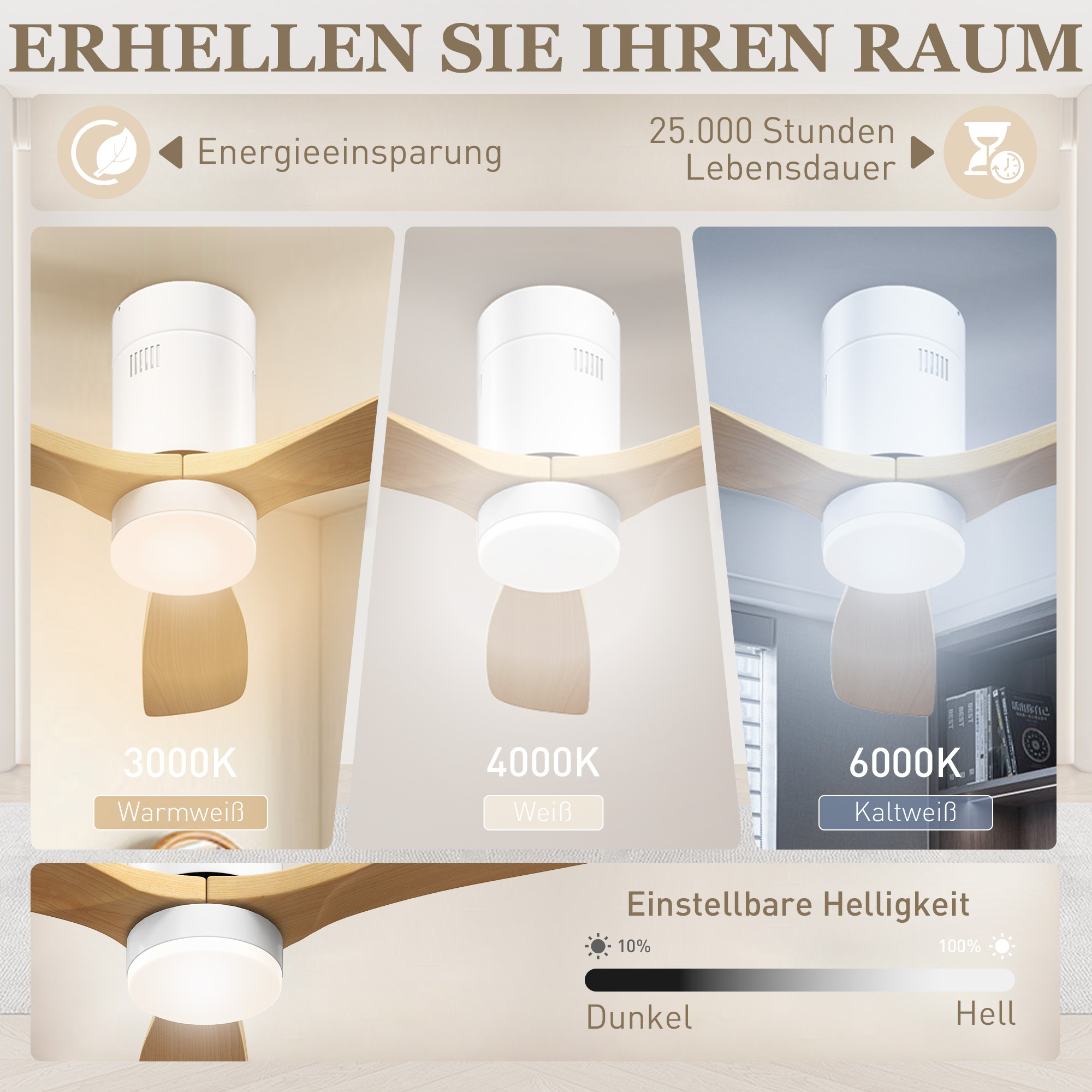 Deckenventilator mit LED-Licht, 6 Geschwindigkeiten, Fernbedienung, Hellbraun
