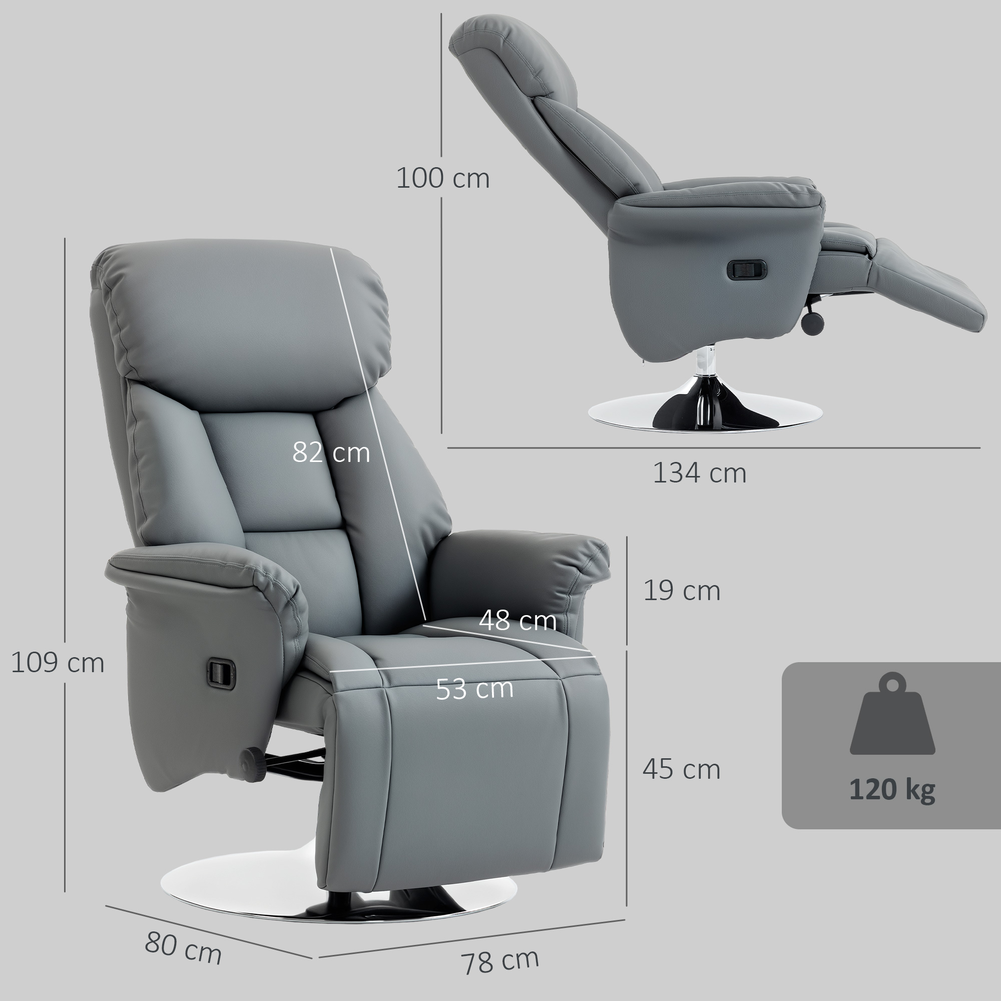 Relaxsessel, Liegefunktion, Lederoptik, Fußstütze, bis 120 kg, 78 x 80 x 109 cm, Grau