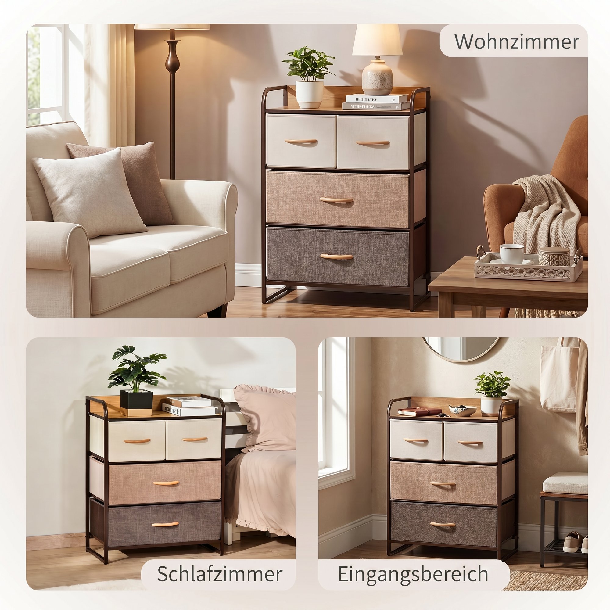 Kommode Schrank mit 4 Schubladen aus Leinen Aufbewahrungsschrank mit Metallrahmen für Schlafzimmer, Wohnzimmer