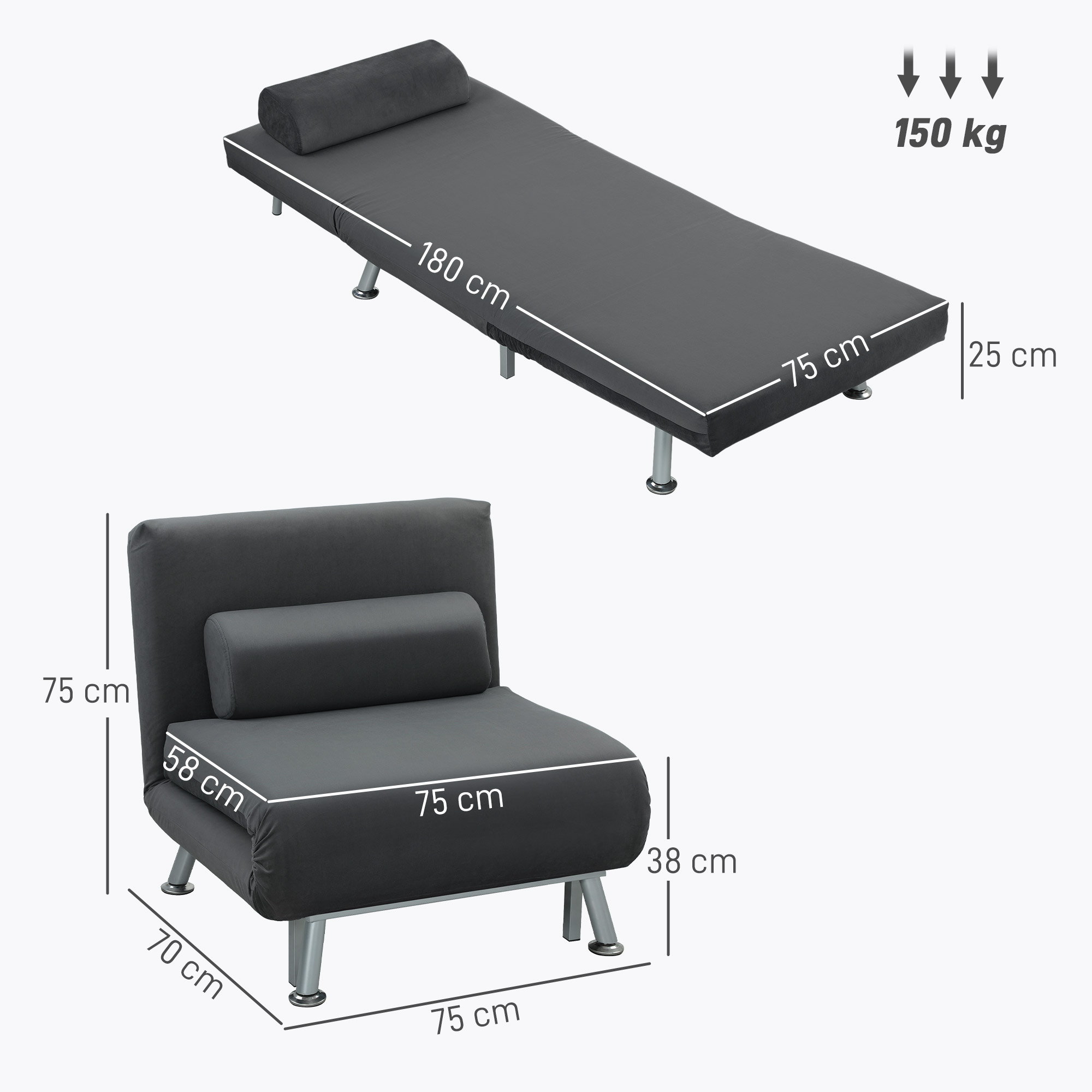 Klappsessel mit Bettfunktion, klappbarer Relaxsessel in Samtoptik, Verstellbare Rückenlehne, 75 x 70 x 75 cm, Dunkelgrau