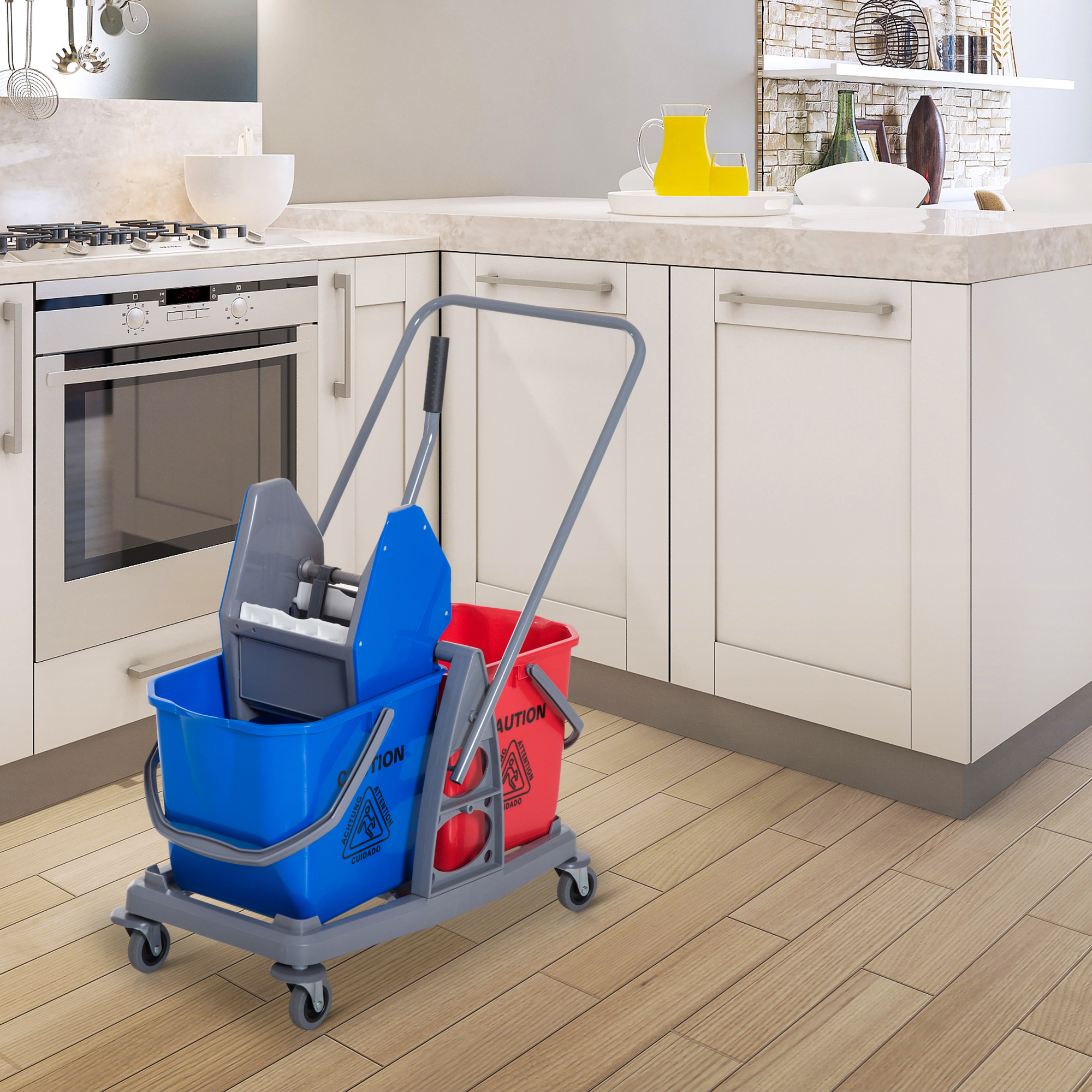 Putzwagen Reinigungswagen Wischwagen mit 2 Eimern Systemwagen mit 4 leichtgängigen Rollen Metall+PP Blau+Rot 73 × 45 × 92 cm