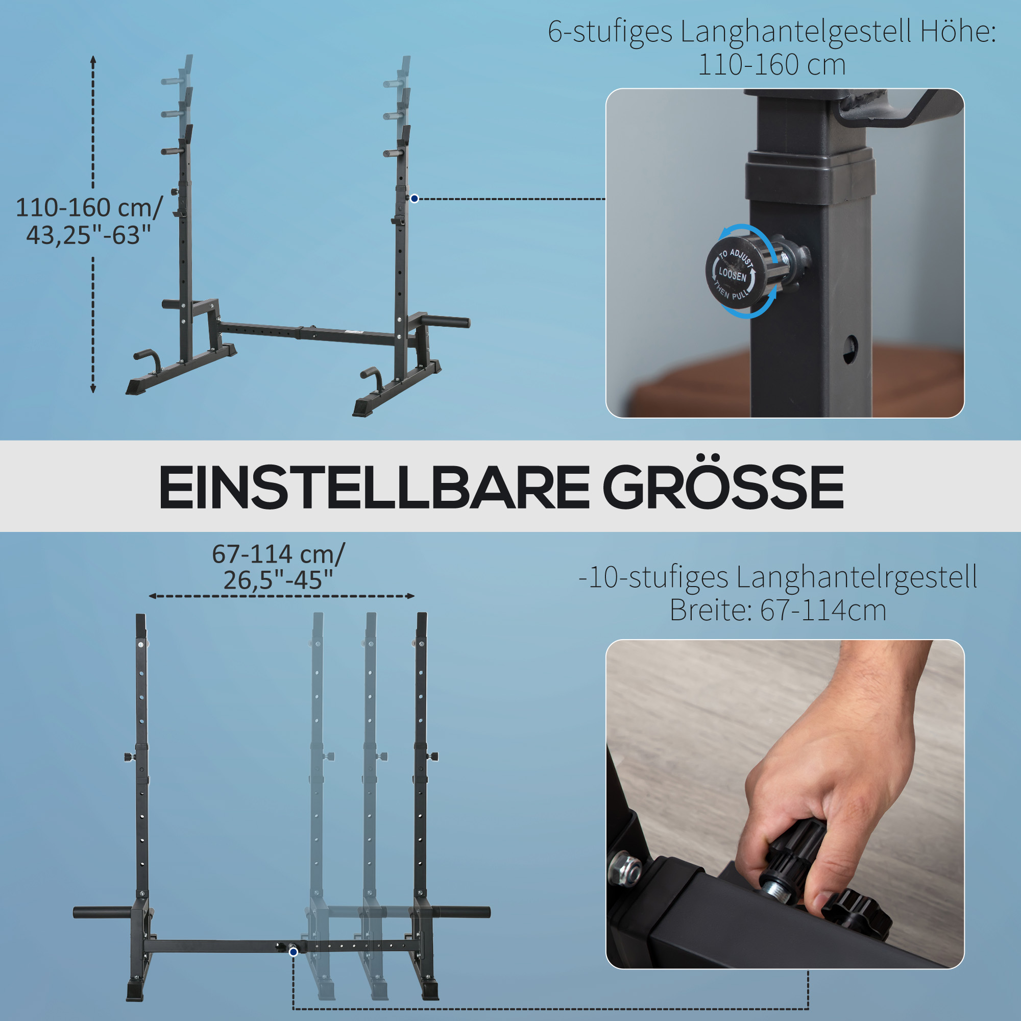 Hantelständer Multi-Funktions Langhantelablage Hantelablage höhenverstellbar Langhantel Krafttraining bis 150 kg belastbar Barbell Rack Stahl Schwarz