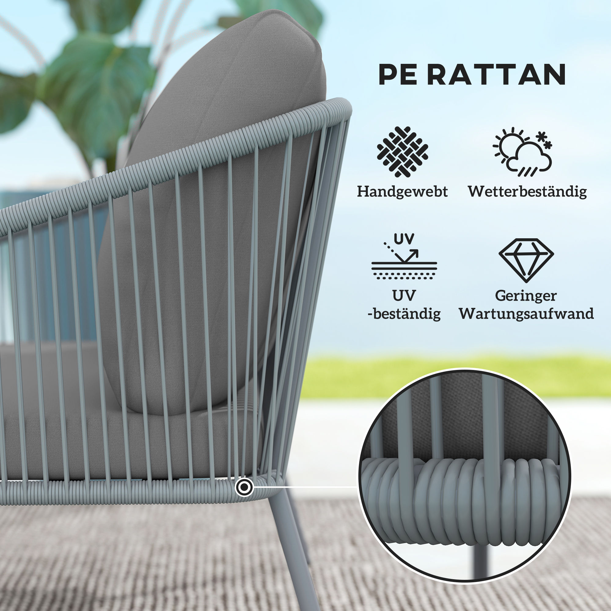Gartensofa mit Kissen 2-Sitzer Rattan Sofa Lounge Sofa Outdoor Balkon Sofa 112 x 72 x 76 cm Grau