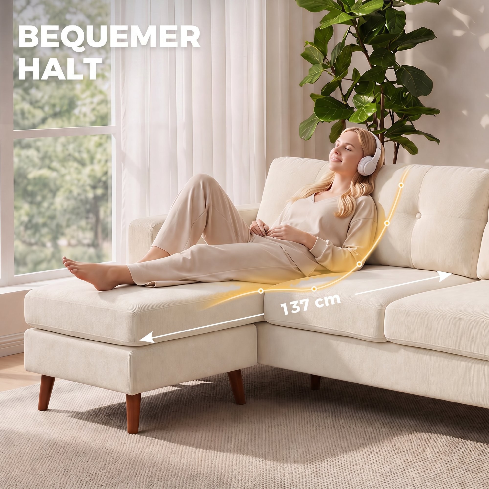 Ecksofa 192 cm L-Form 3-Sitzer Sofa mit umkehrbarer Chaiselongue, Cord-Optik, für kleinen Raum, Cremeweiß