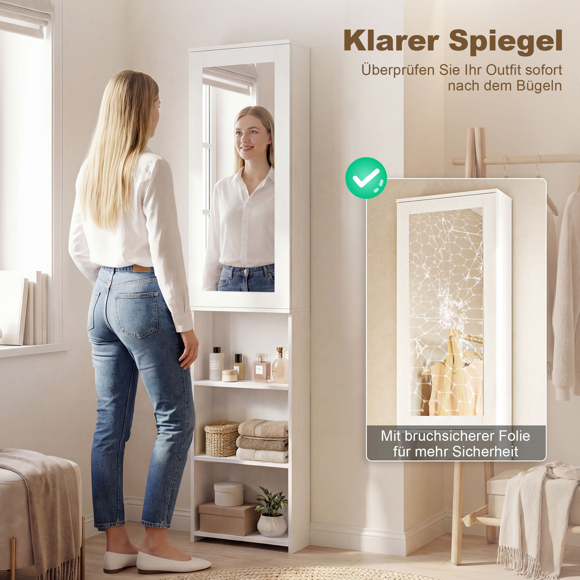 Faltbar Bügelbrettschrank mit Tür internen Regalen Spiegel Platzsparend Bügeltisch für Wäschepflege 106x35x174 cm Weiß