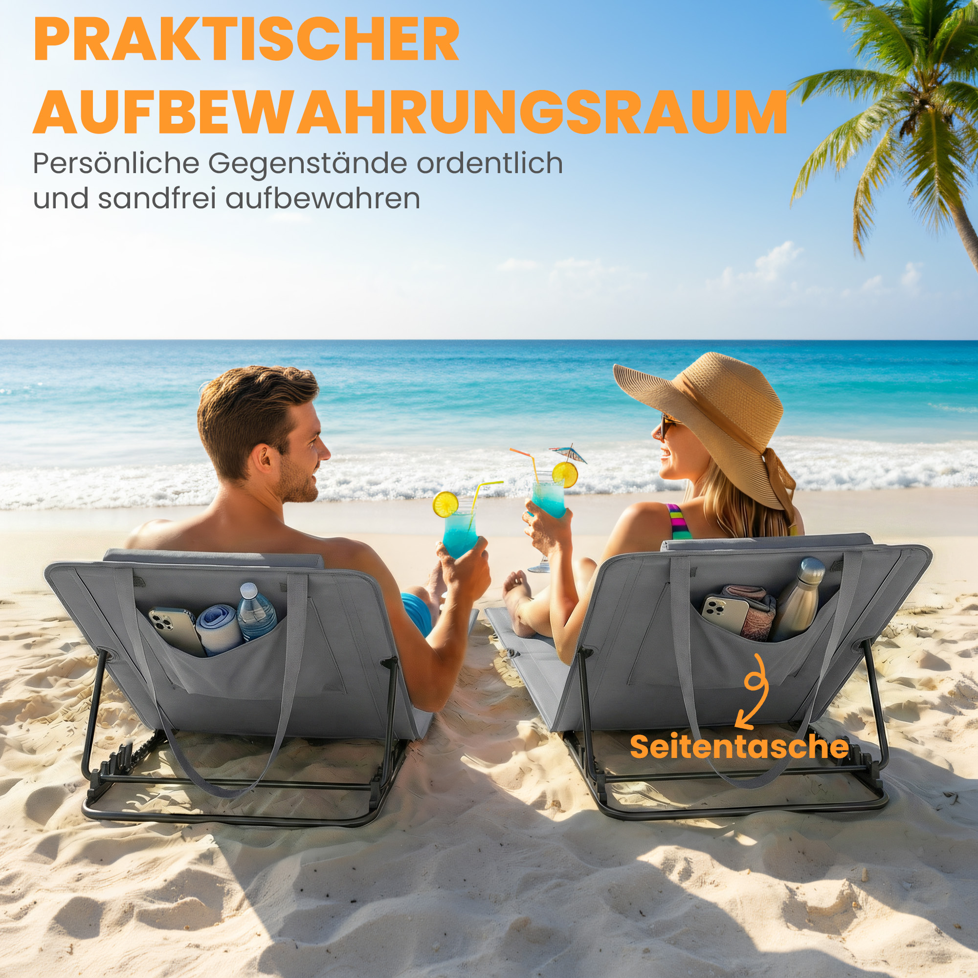 2er Set Strandmatte mit Verstellbarer Rückenlehne klappbar leicht Strandliege mit Kopfkissen Aufbewahrungstasche
