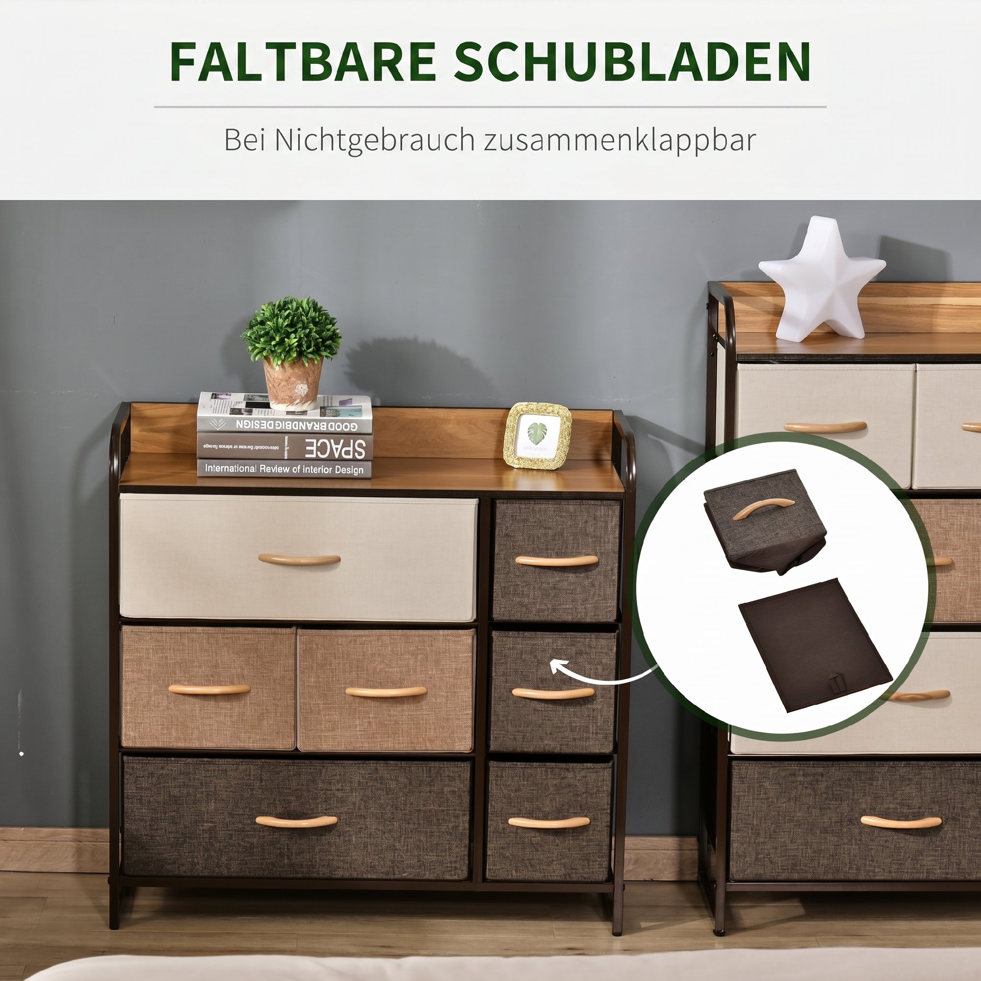 Kommode Schrank mit 7 Schubladen aus Leinen Schubladenschrank mit Metallrahmen für Wohnzimmer, 80x29x78,5 cm