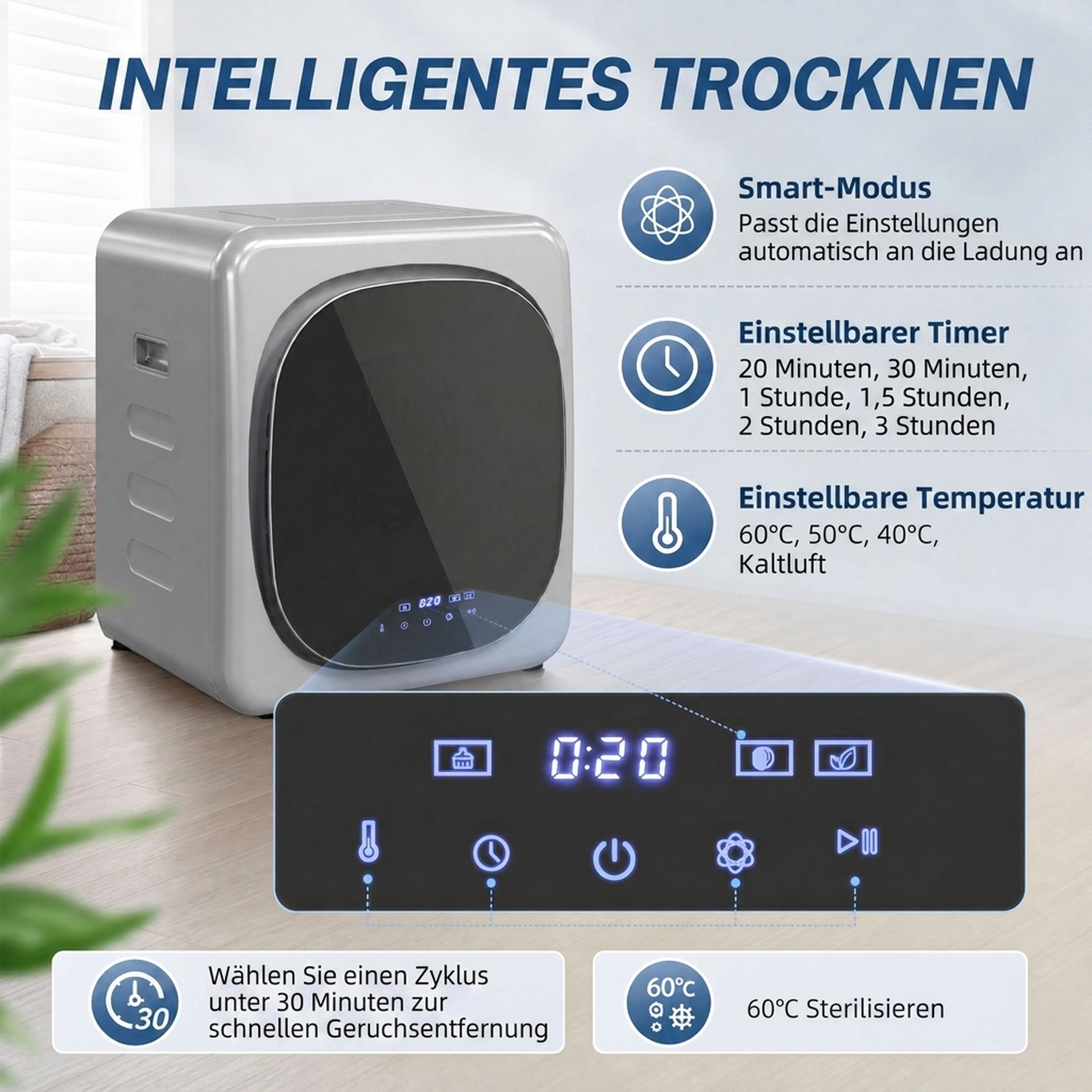 Ablufttrockner 2,5 kg mit Smart-Modus, 800 W Kompakttrockner mit Edelstahltrommel, Silber