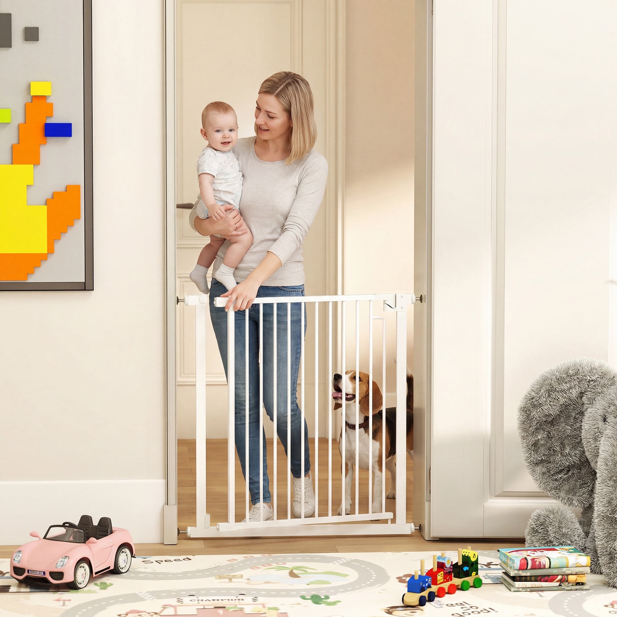 Treppenschutzgitter Absperrgitter ohne Bohren mit automatische Schließung für Kinder Küche Treppe 76-80 x 76 cm Weiß