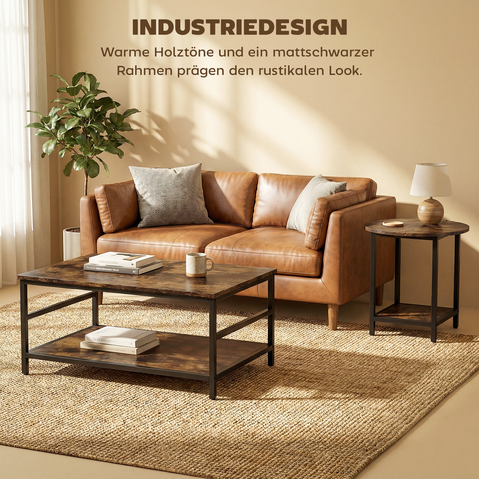 Couchtisch-Set, 2-teilig, rechteckiger und runder Tisch mit 2-stufigem Stauraum, für Wohnzimmer, Rustikal-Braun