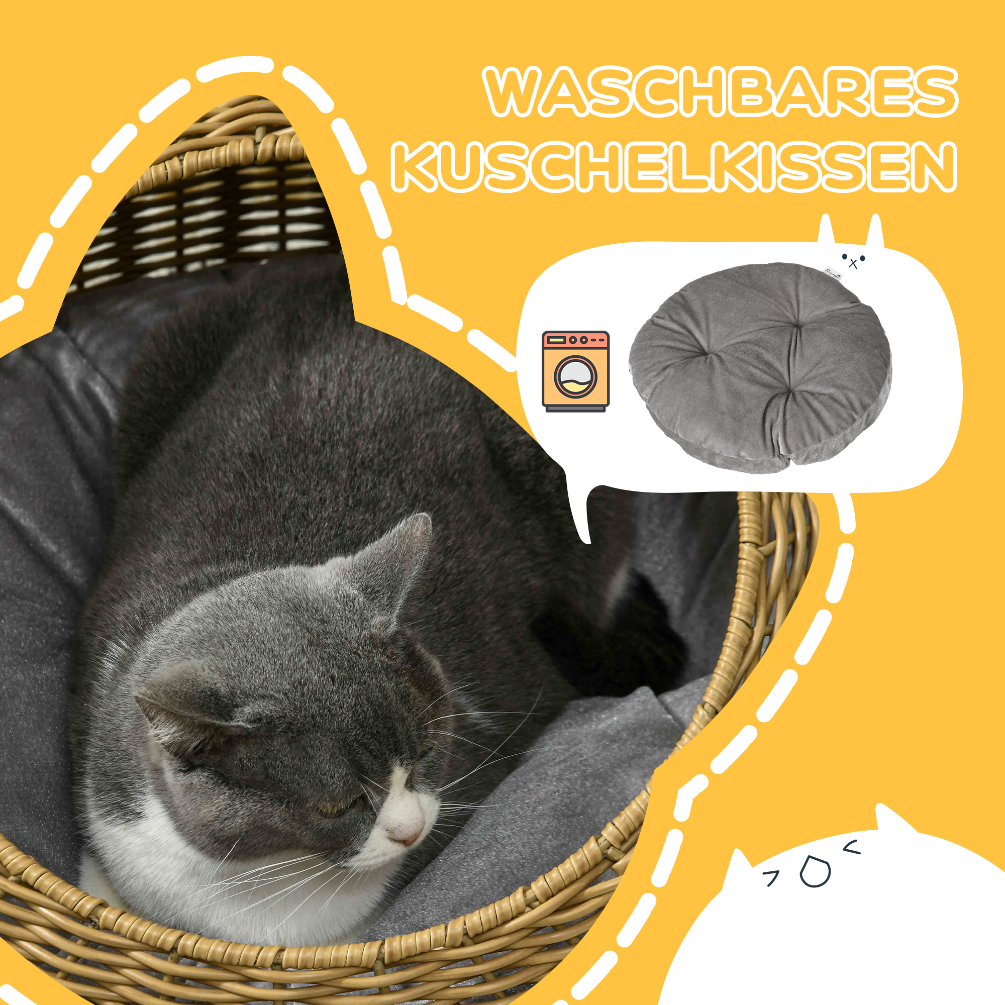 Katzenhöhle mit waschbarem Kissen, für Tiere bis 4 kg, Indoor, Kunst-Rattan, Ø50 x 31 cm, Hellbraun