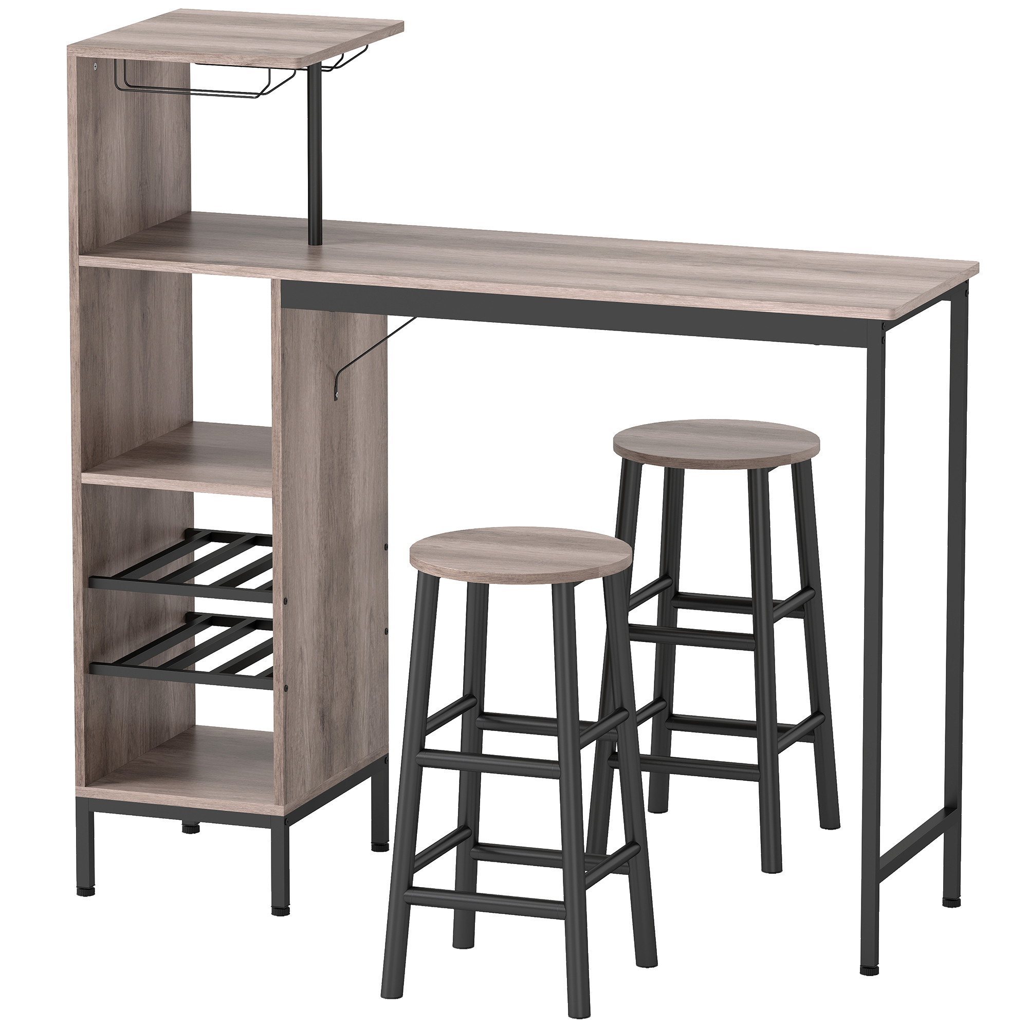 3-tlg. Bartisch-Set mit Stauraum, Weinregalen, Glashaltern, Hockern mit Fußstütze, für kleine Räume, Grau 3-tlg. Bartisch-Set mit Stauraum, Weinregalen, Glashaltern, Hockern mit Fußstütze, für kleine Räume, Grau