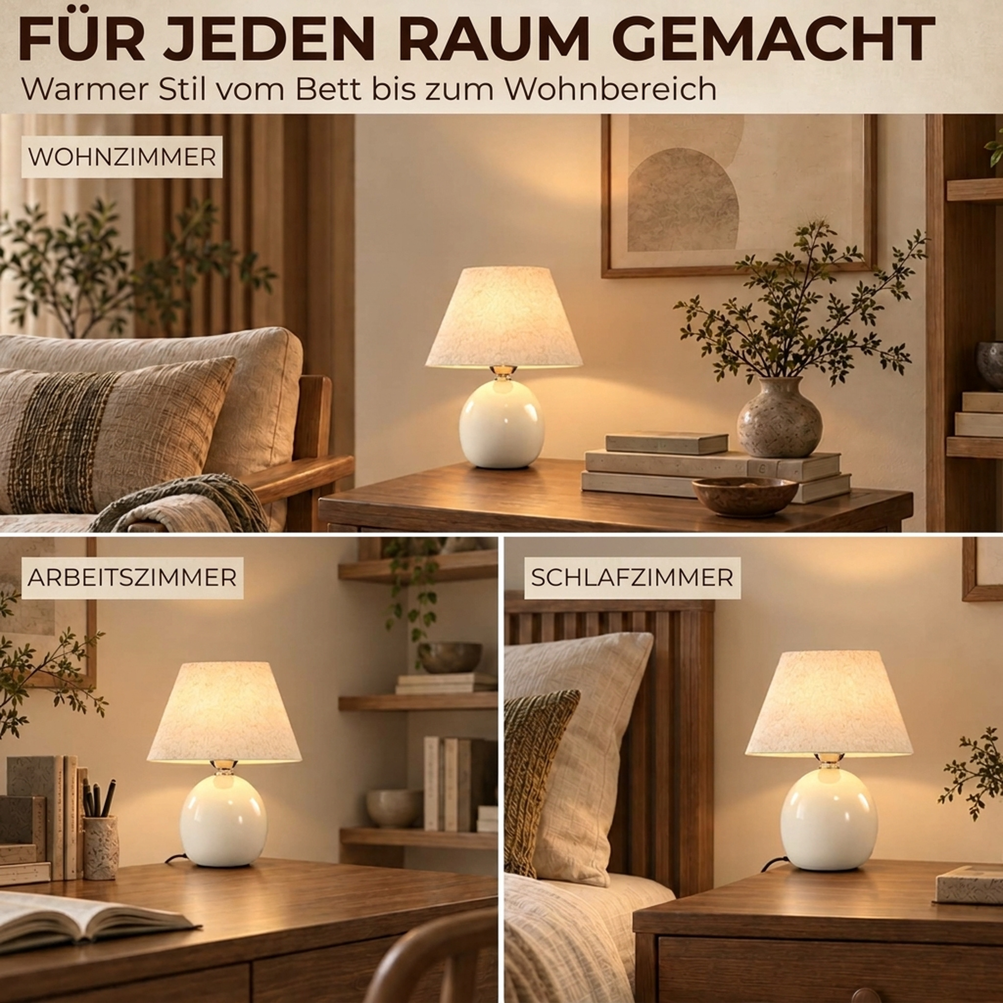 Tischlampe Tischleuchte, Vintage Nachttischlampe Schreibtischlampe mit Keramiksockel, Leinenschirm E27 Fassung