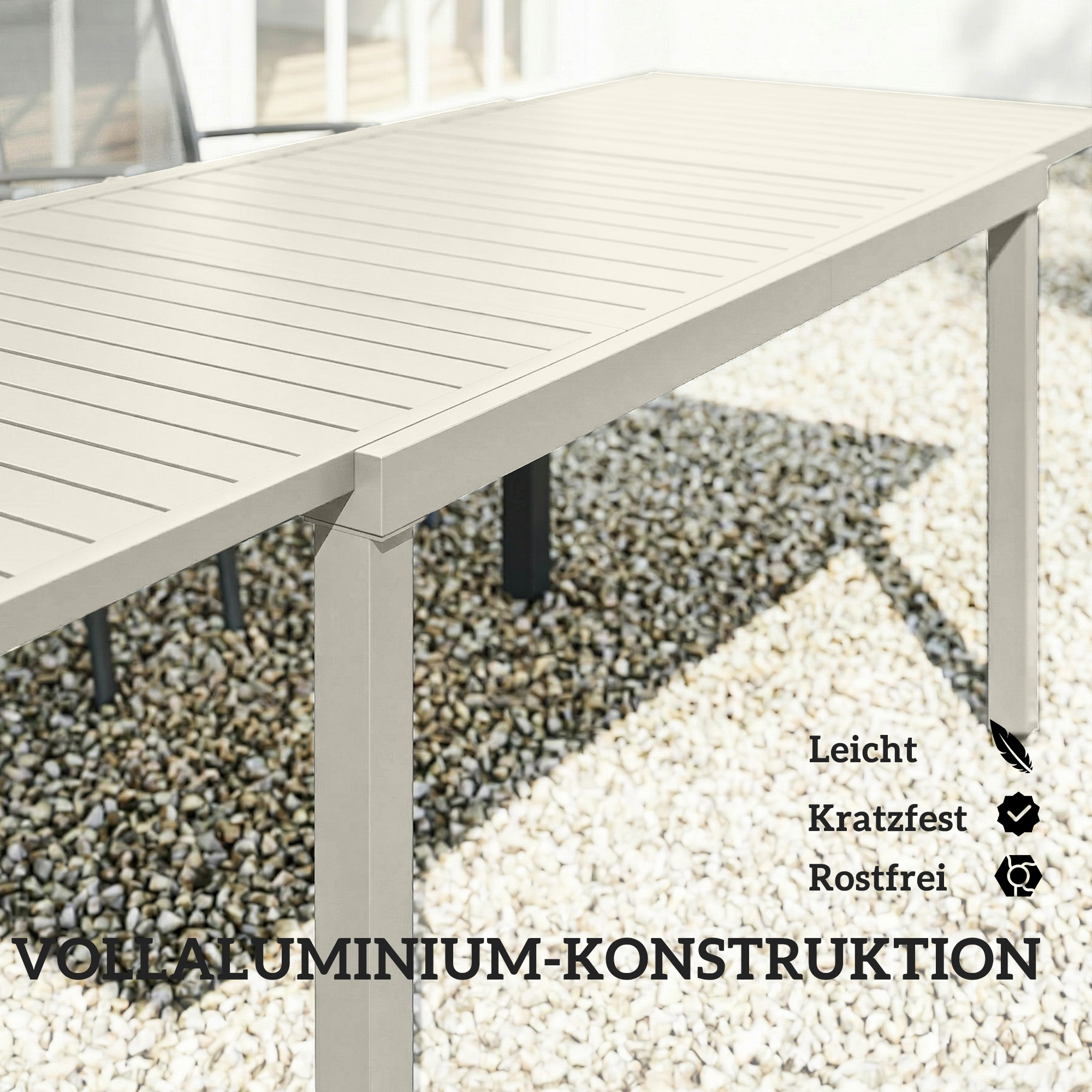 Gartentisch Ausziehbarer 150/225 x 85 cm Aluminium Esstisch für 6-8 Personen, Rechteckig Lamellenoptik