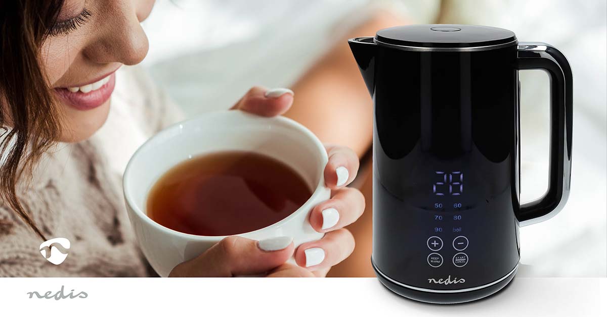 Wasserkocher | 1.7 l | Plastik | schwarz | 50,60,70,80,90,100 °C | Temperaturanzeige | Um 360 Grad drehbar | Verdecktes Heizelement | Strix Controller | Boil-dry protection
