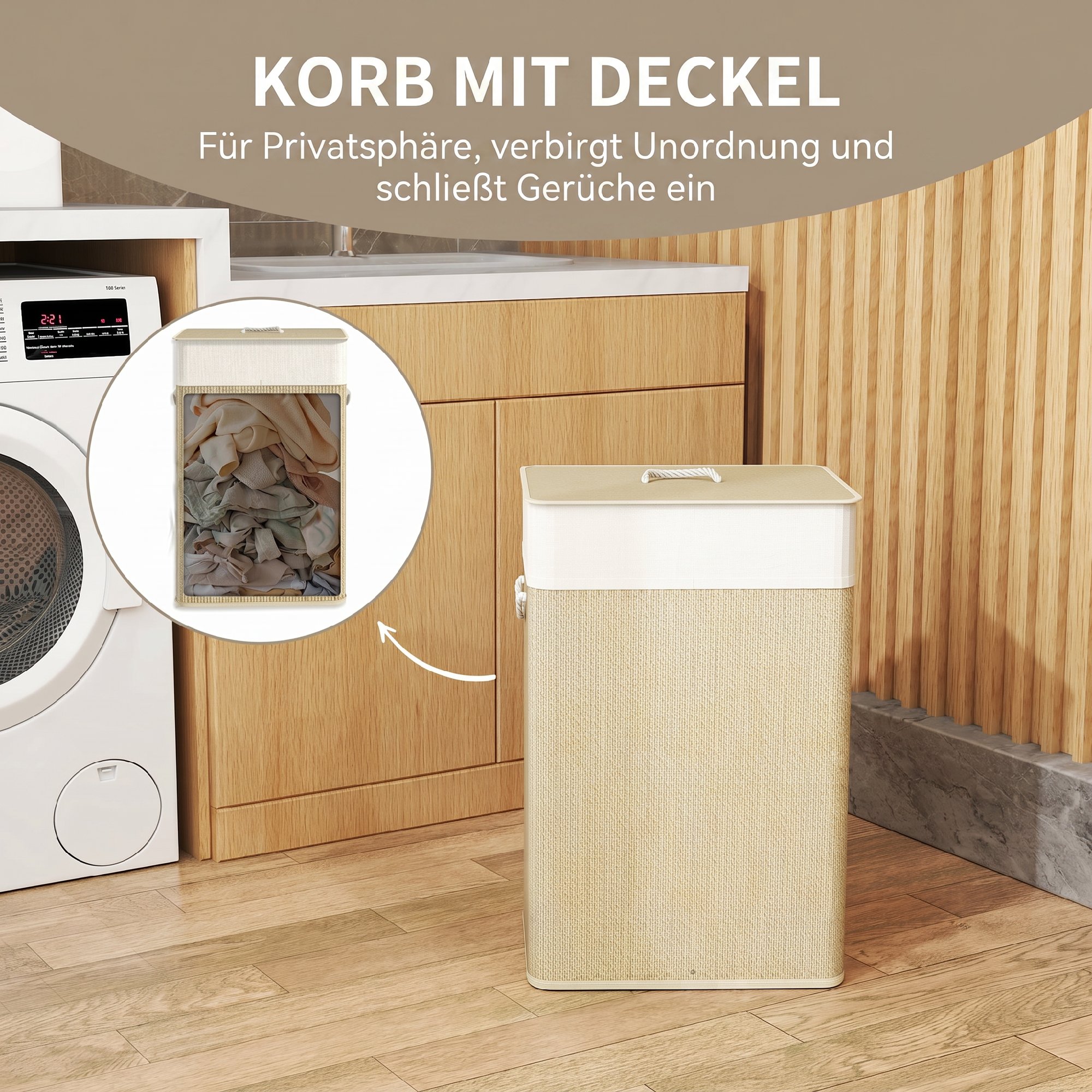 Bambus Wäschekorb mit Deckel 72 L Wäschesammler mit Bambusgriffen, herausnehmbarer Wäschesack Natur