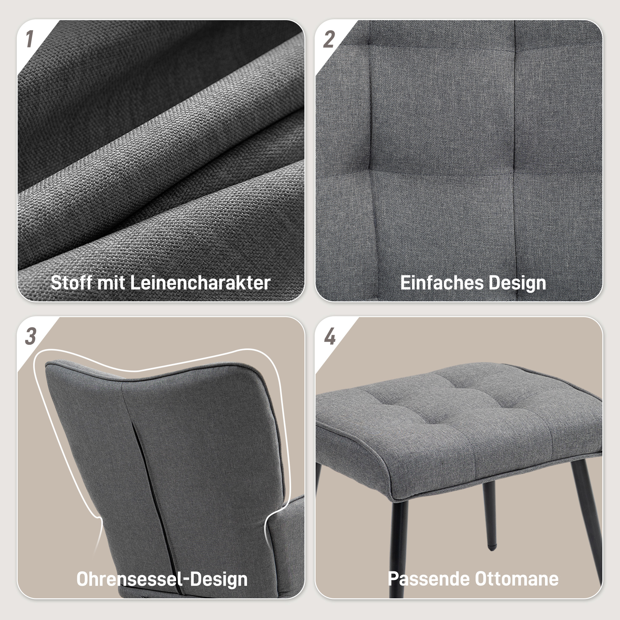 Schaukelstuhl mit Hocker, komfortabel, bis 130 kg, Leinenoptik, 64x89x90cm, Dunkelgrau