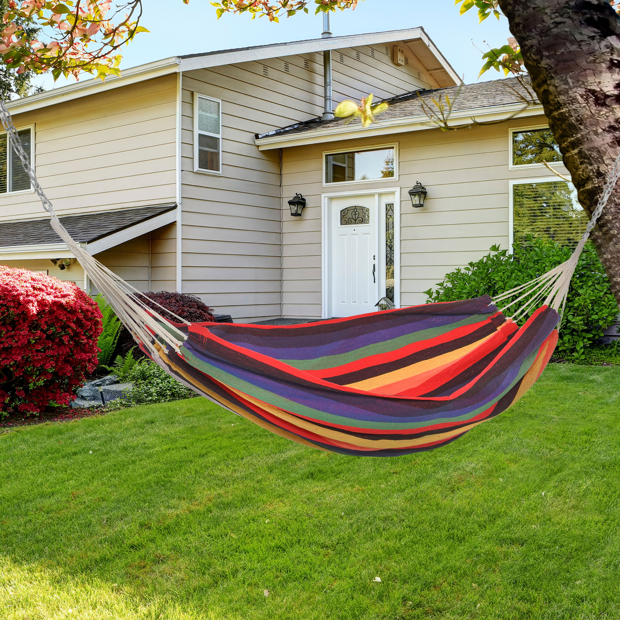 Hängematte Outdoor Baumwolle mit Tragetasche Belastbarkeit bis 120 kg modern 290 x 150 cm Mehrfarbig