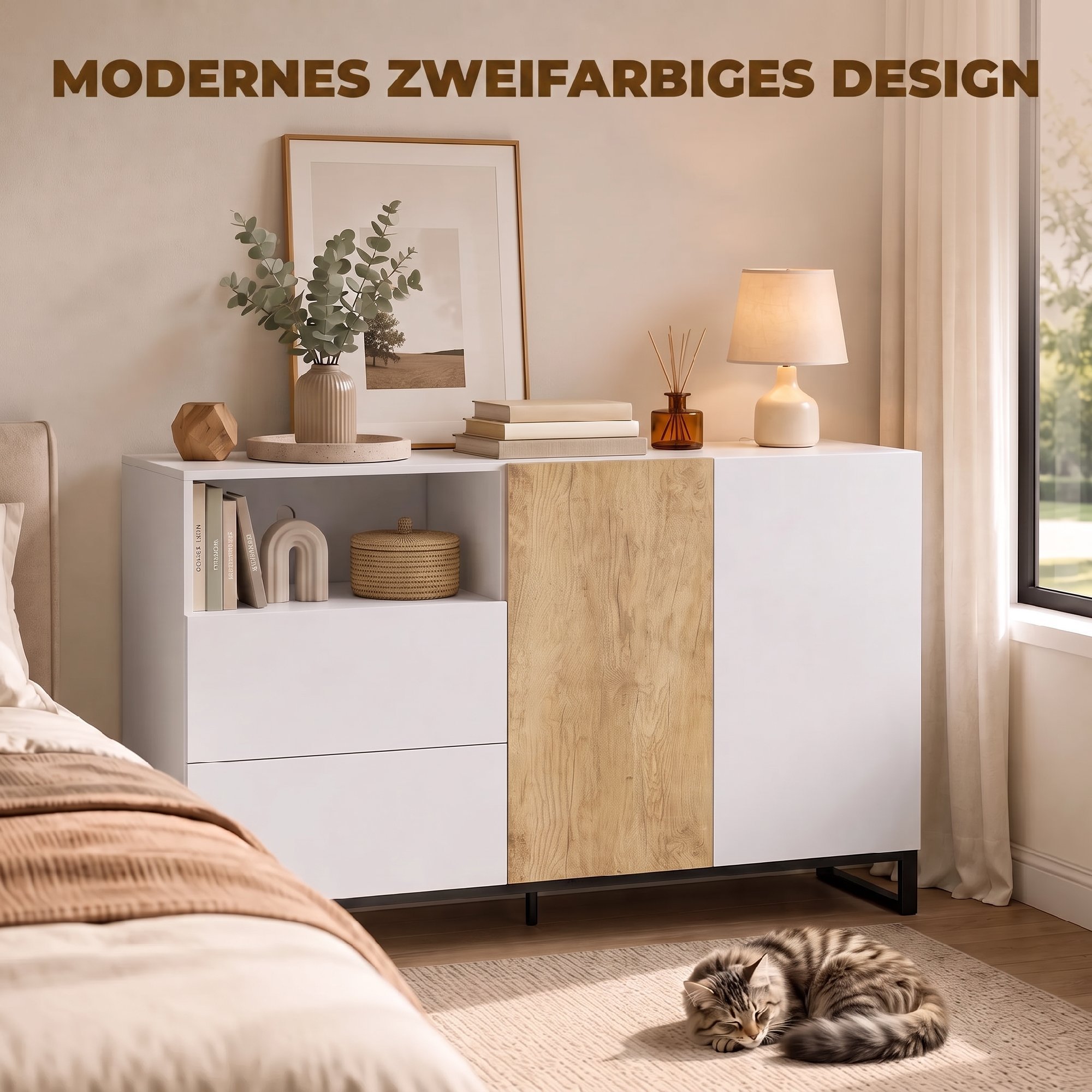 Sideboard Moderner Aufbewahrungsschrank mit 2 Soft-Close-Türen und 2 Schubladen 140x40x85 cm, Weiß
