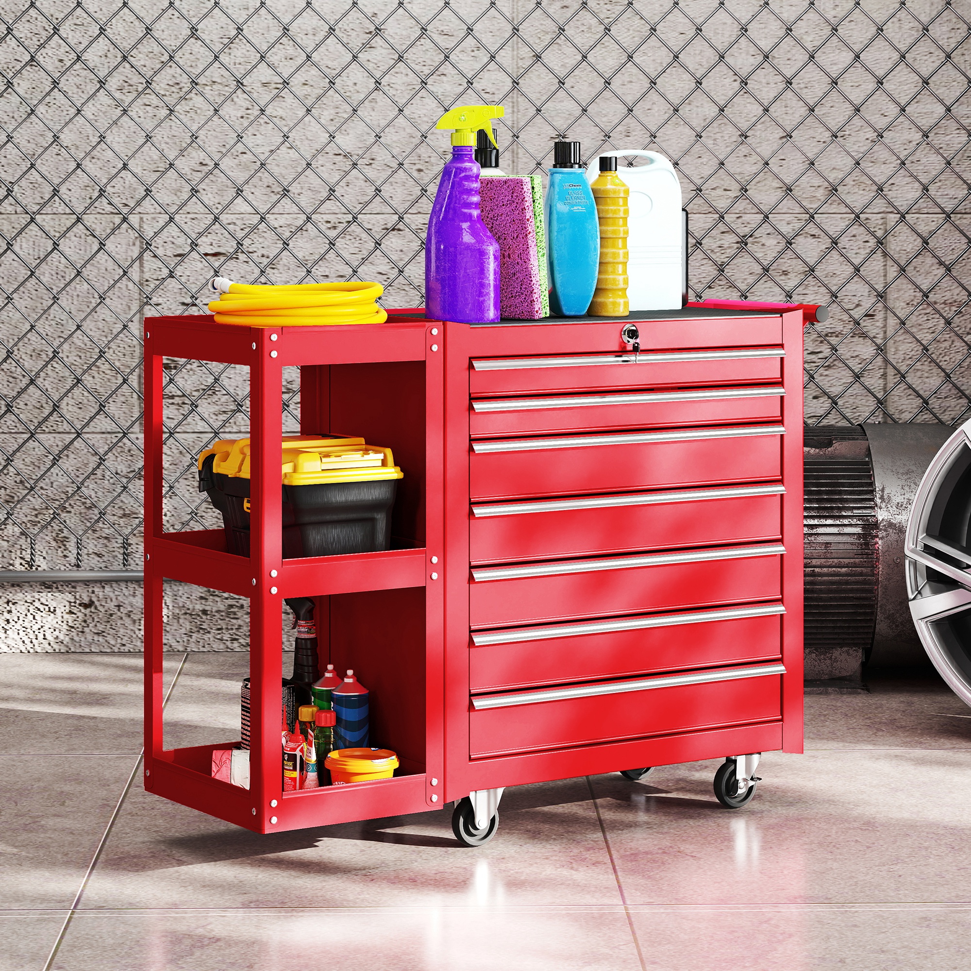 Werkstattwagen Werkzeugwagen mit 7 Schubladen abnehmbar Seitenregal 4 Rollen mit Feststellbremse, 96x33,5x75cm, Rot