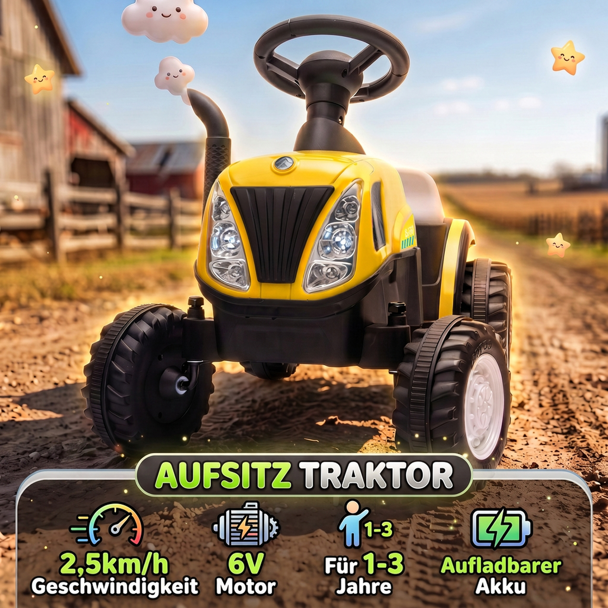 Kinder Traktor mit abnehmbar Anhänger Aufsitztraktor mit Lithium-Akku Fußpedal, Musik, Hupe Licht, Gelb