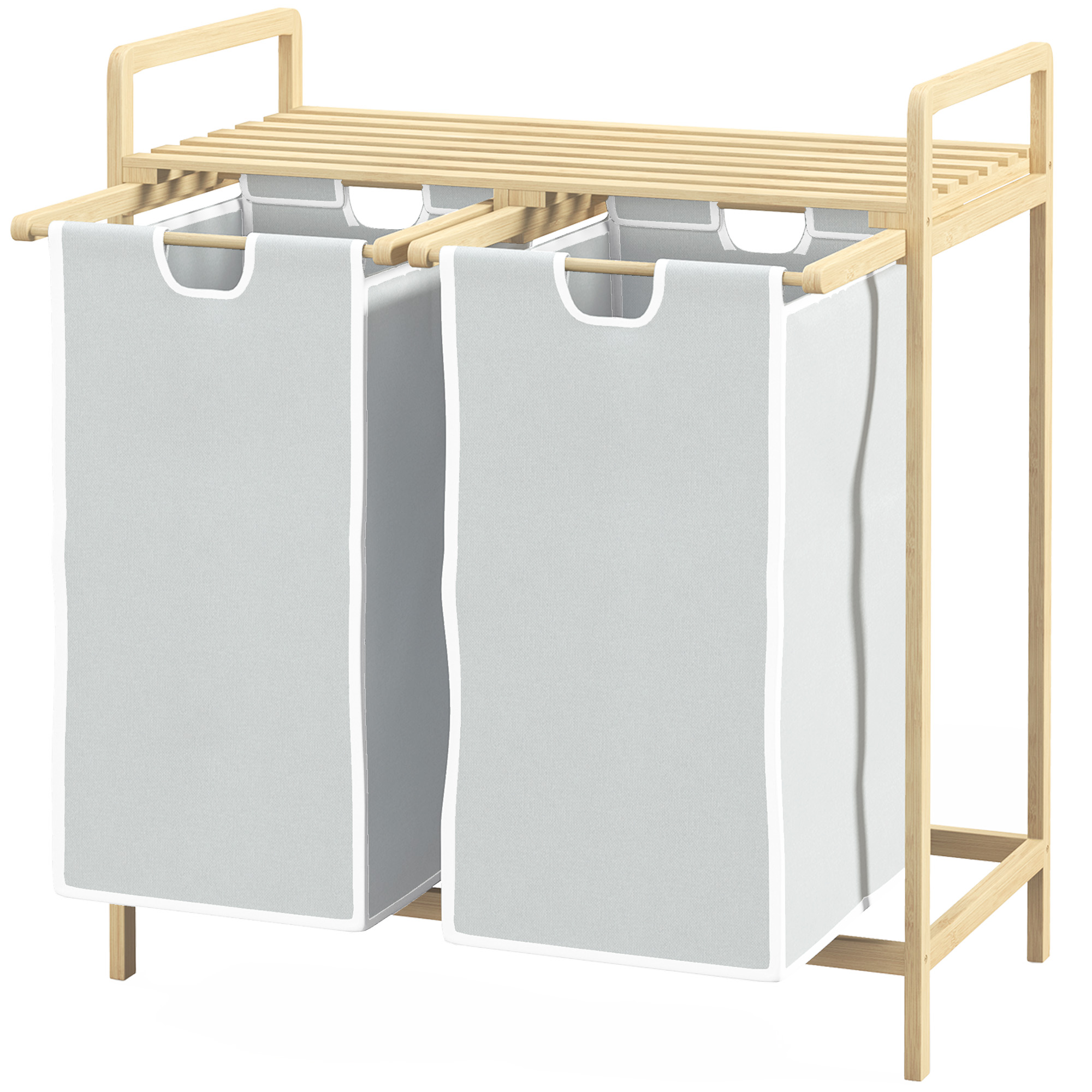 Wäschekorb mit 2 Waschsäcken, 1 Ablage, Bambus, 63,5 cm x 33 cm x 73 cm, Hellgrau + Natur Wäschekorb mit 2 Waschsäcken, 1 Ablage, Bambus, 63,5 cm x 33 cm x 73 cm, Hellgrau + Natur