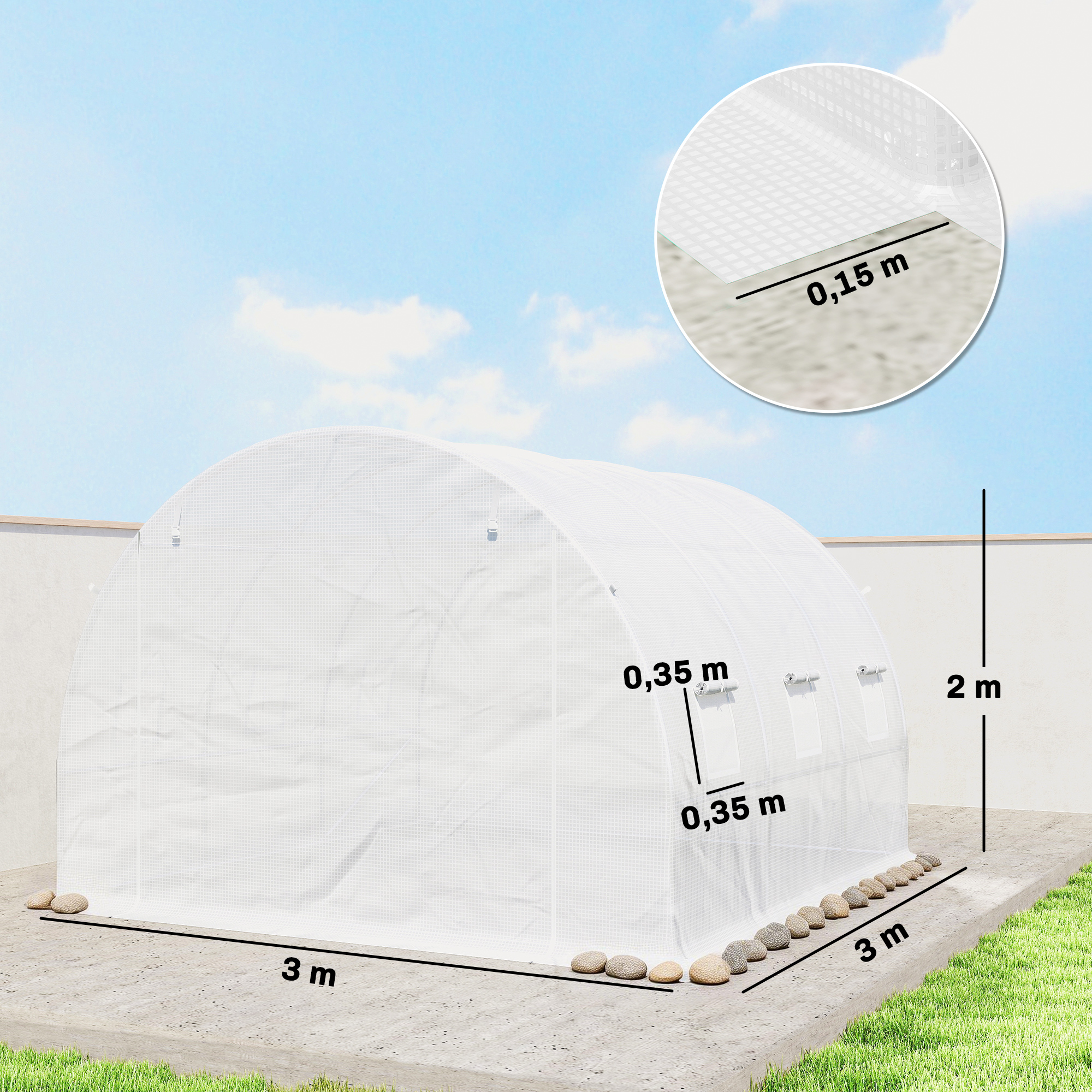 Gewächshausfolie 3 x 3 m, wasserdicht Polyethylenfolie mit Rolltür, 6 Fenster, UV Schutz Weiß