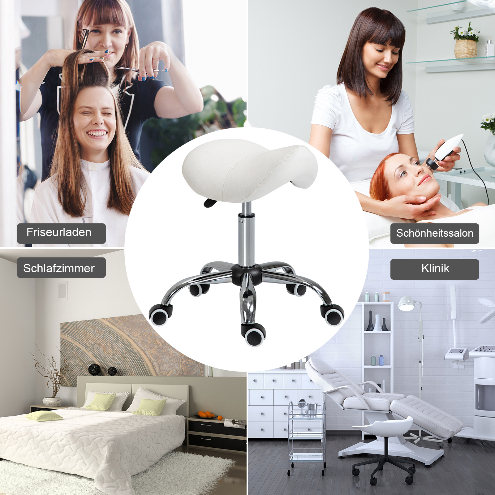 Rollhocker höhenverstellbar Drehhocker 49-61 cm Arbeitshocker drehbar Sattelhocker für Büro Salon Massage Spa Weiß