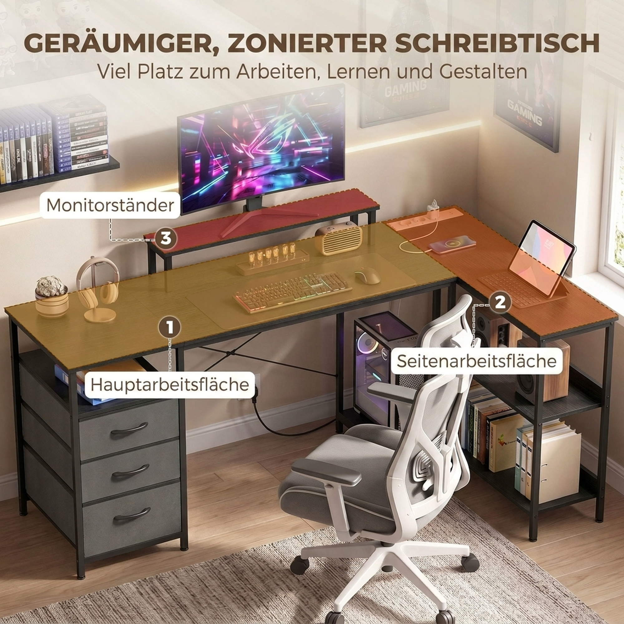 Schreibtisch in L-Form, umkehrbarer Eckschreibtisch mit Schubladen und Regalen, 170 cm, Schwarz