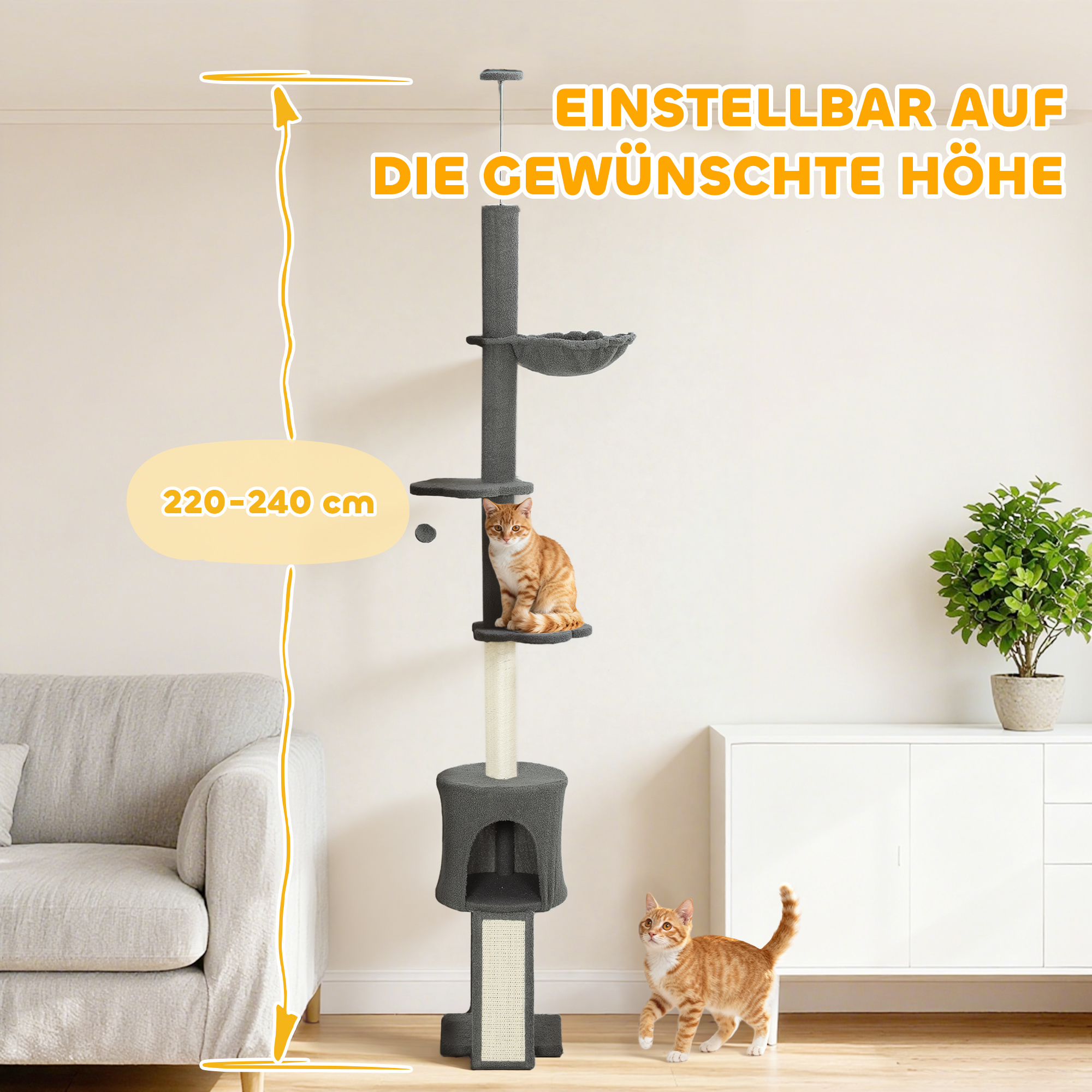 Katzenbaum, Höhle, Hängematte, verstellbare Höhe, Kratzbaum mit Stoffbezug, Grau