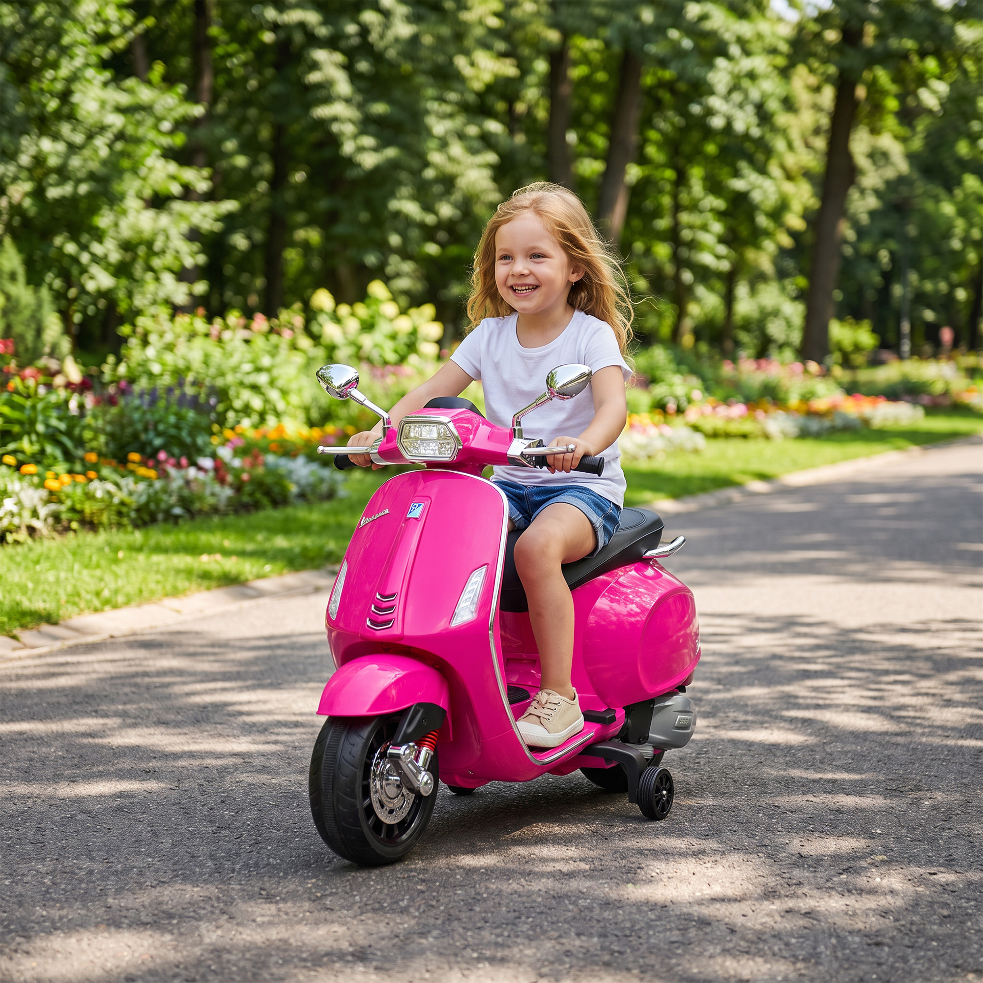 Elektro-Kindermotorrad, Vespa, 3 km/h, 3-6 Jahre, Musik, Licht & Radio, Rosa