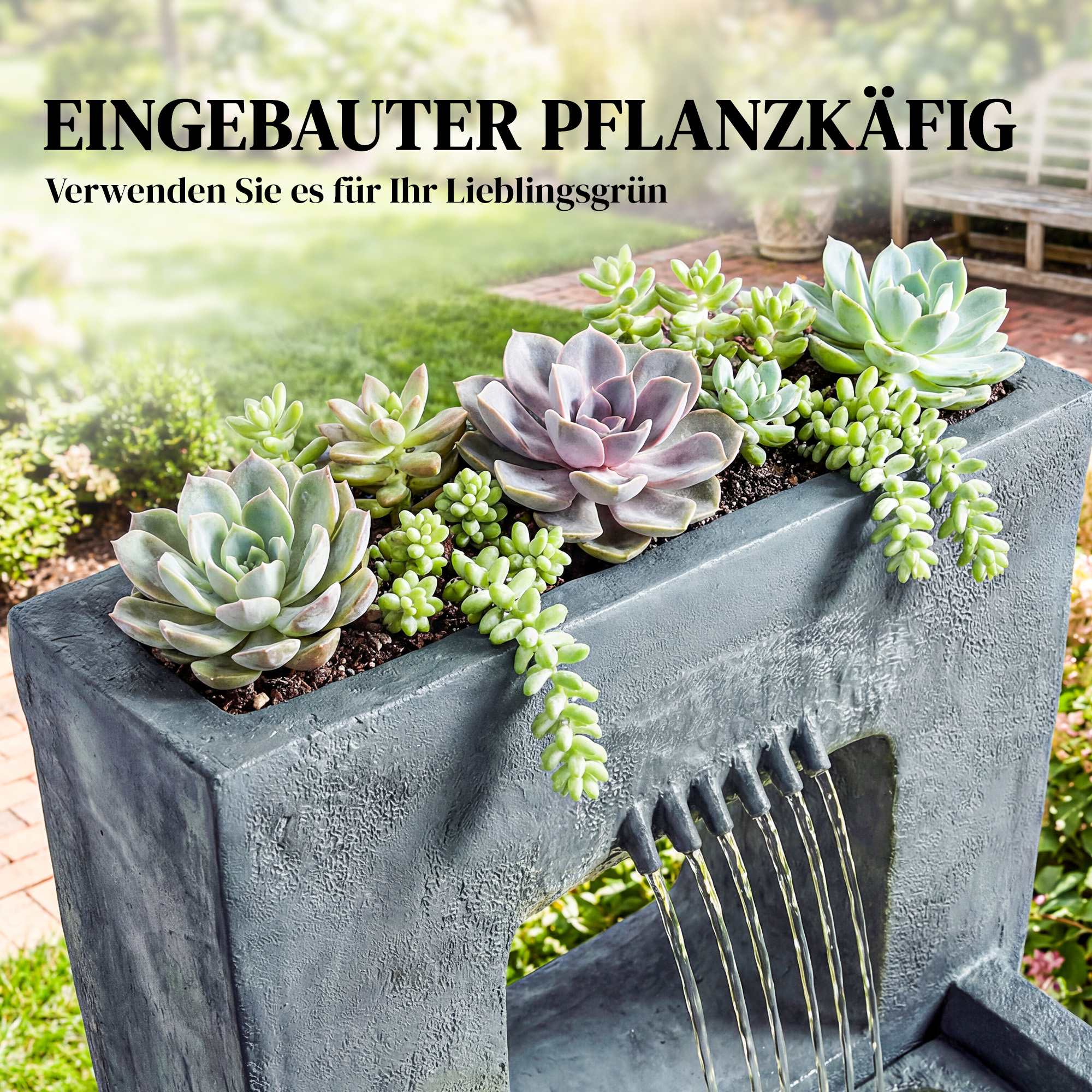 Springbrunnen 2-stufig Gartenbrunnen mit LED Beleuchtung Pflanzkübel Pumpe Steinoptik, Verstellbar 45 x 31,5 x 58,5 cm