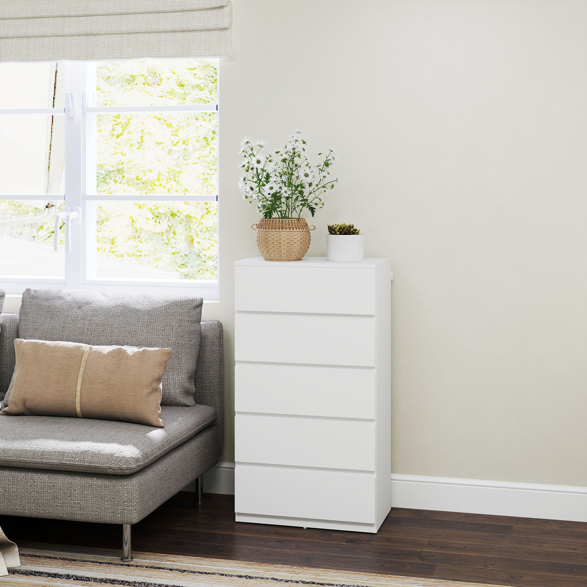 Kommode Sideboard Schubladenkommode, 5 Schubladen, 55 cm x 34 cm x 100 cm, Weiß