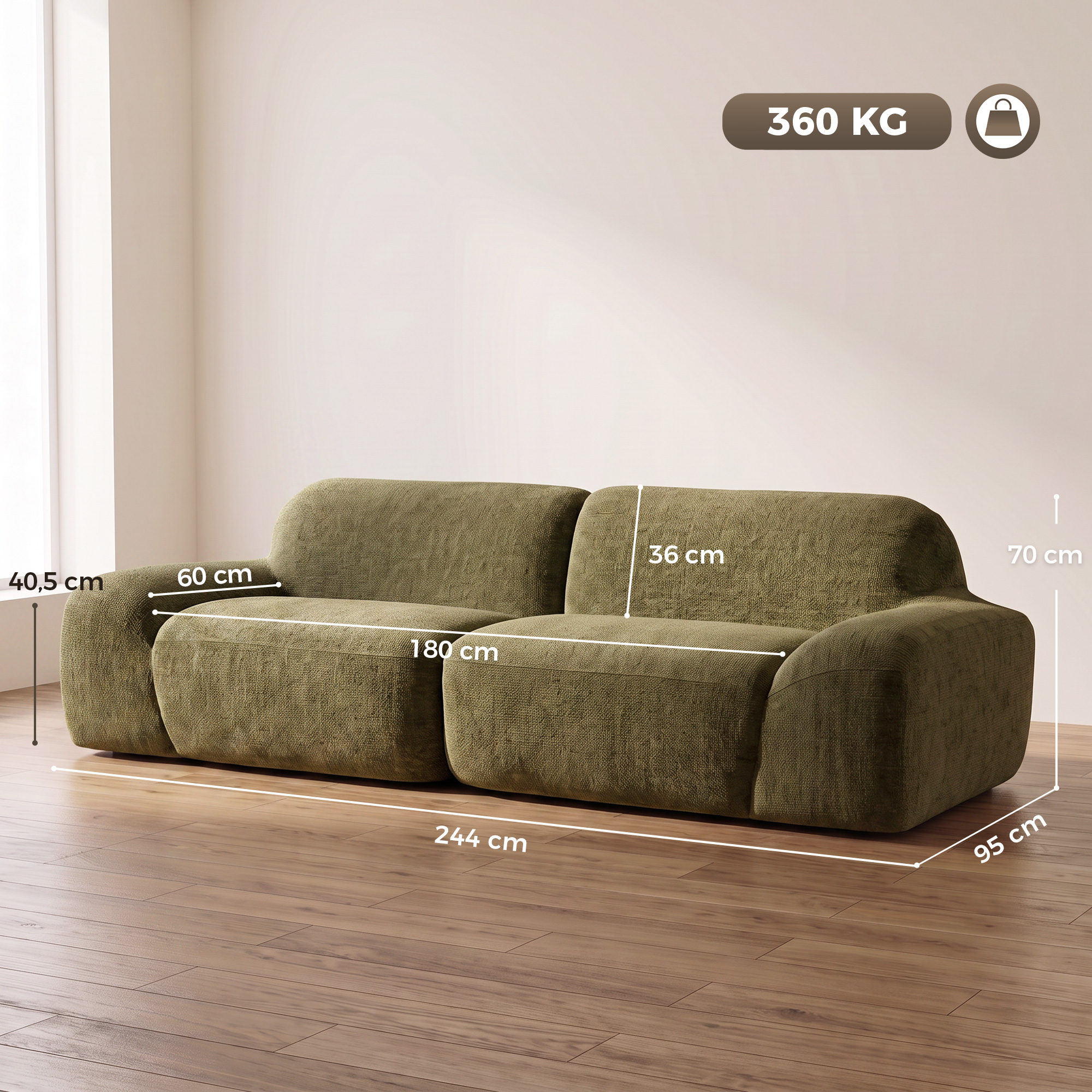 3-Sitzer-Sofa, abgerundet und rahmenlos, mit großzügiger Sitzfläche, dick gepolstert, keine Montage, Dunkelgrün
