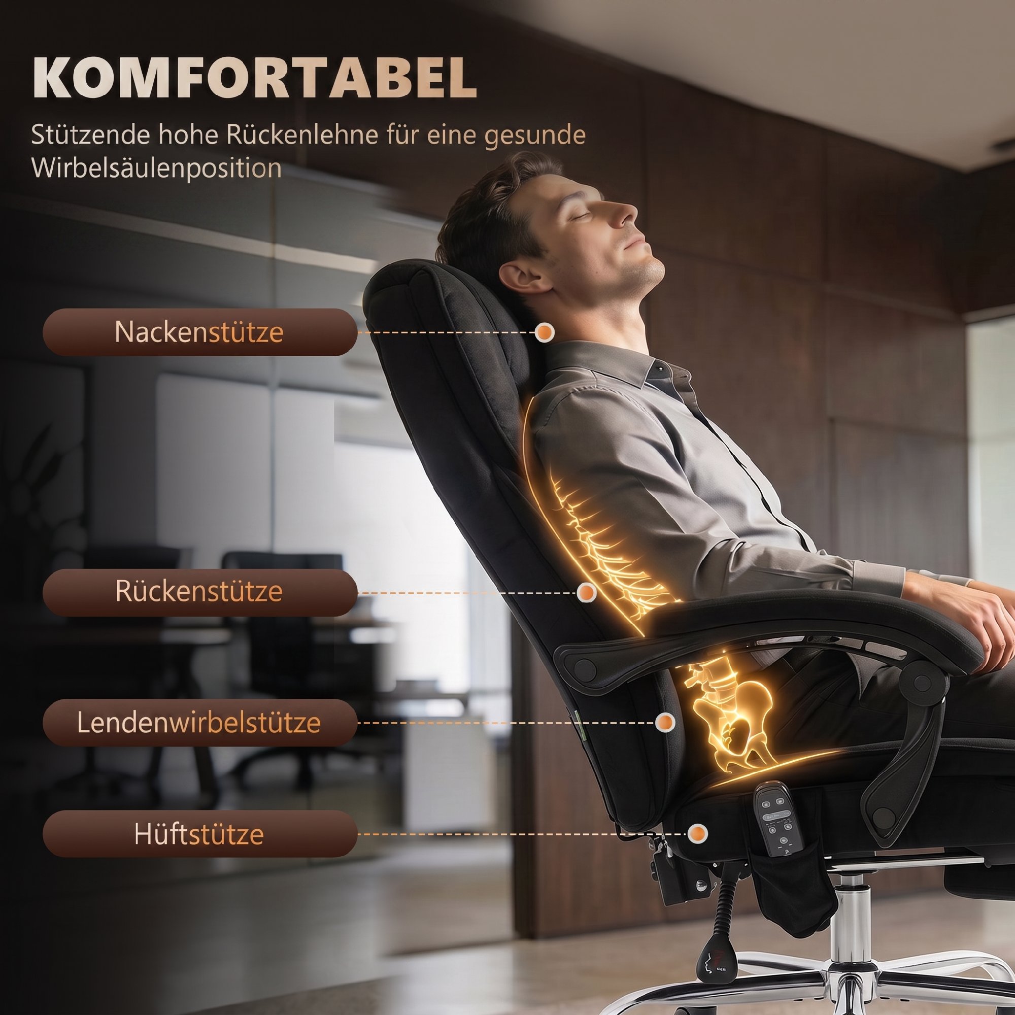 Ergonomischer Bürostuhl mit Massagefunktion, Fußstütze, drehbar, rollbar, Schwarz