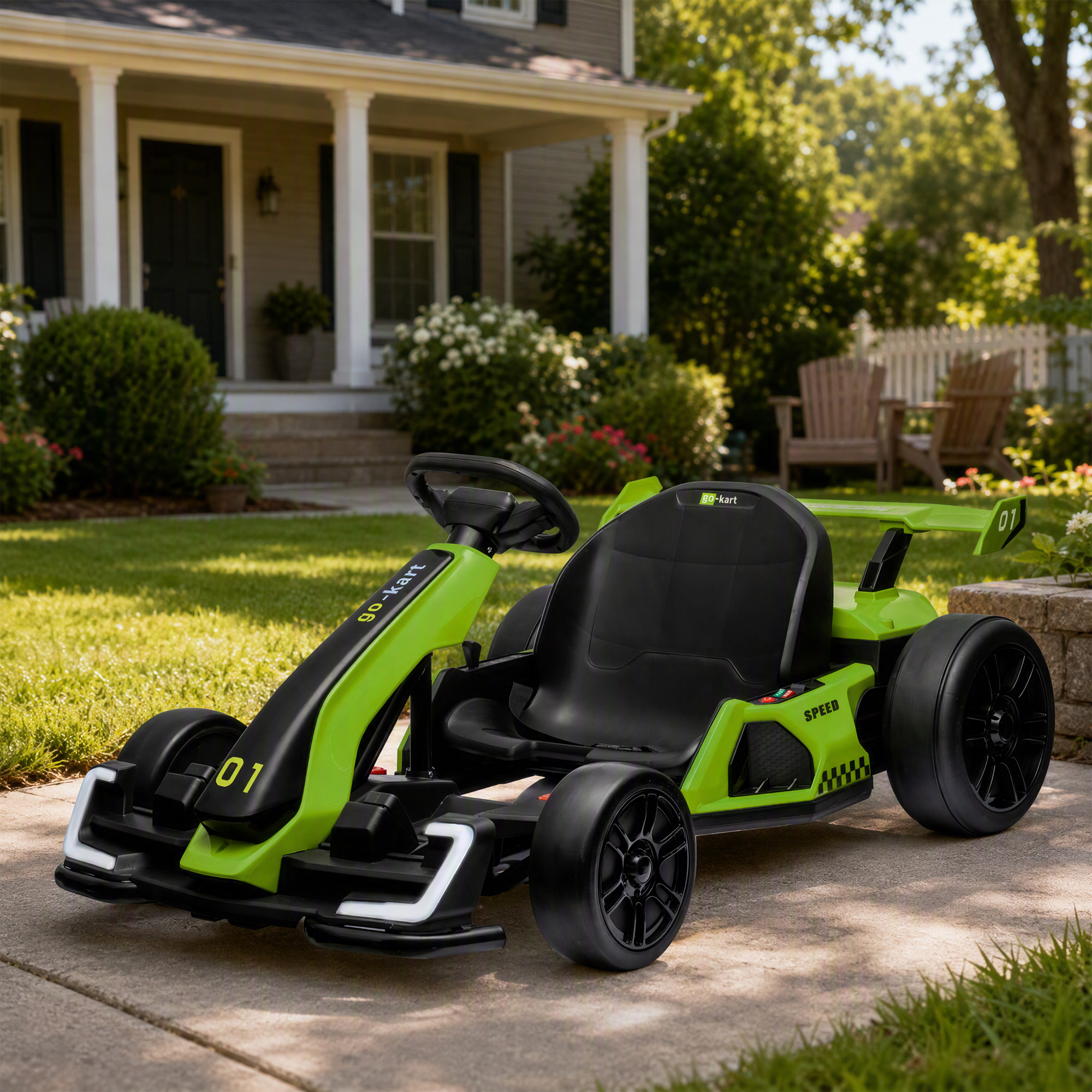 24V Elektro Go-Kart, für Kinder, bis 12 Km/h Gokart mit Drift-Funktion, 2 Motoren, verstellbarer Sitz, Sanftanlauf, grün