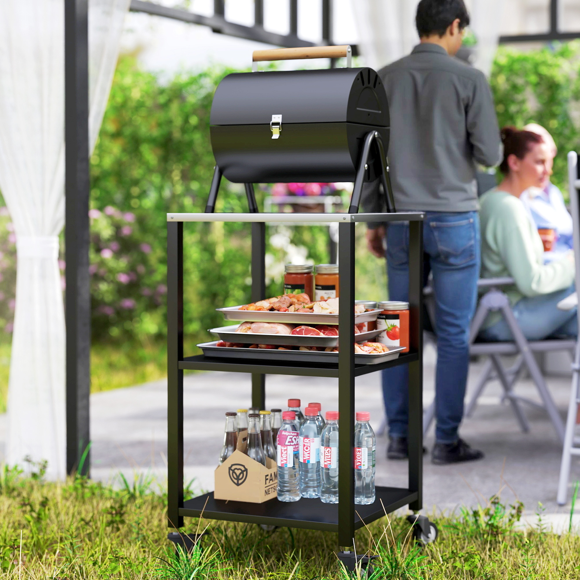 Grillwagen 3-Etagen Grilltisch mit Edelstahl Arbeitsfläche Rollen mobiler Servierwagen 50 x 50 x 90 cm Schwarz
