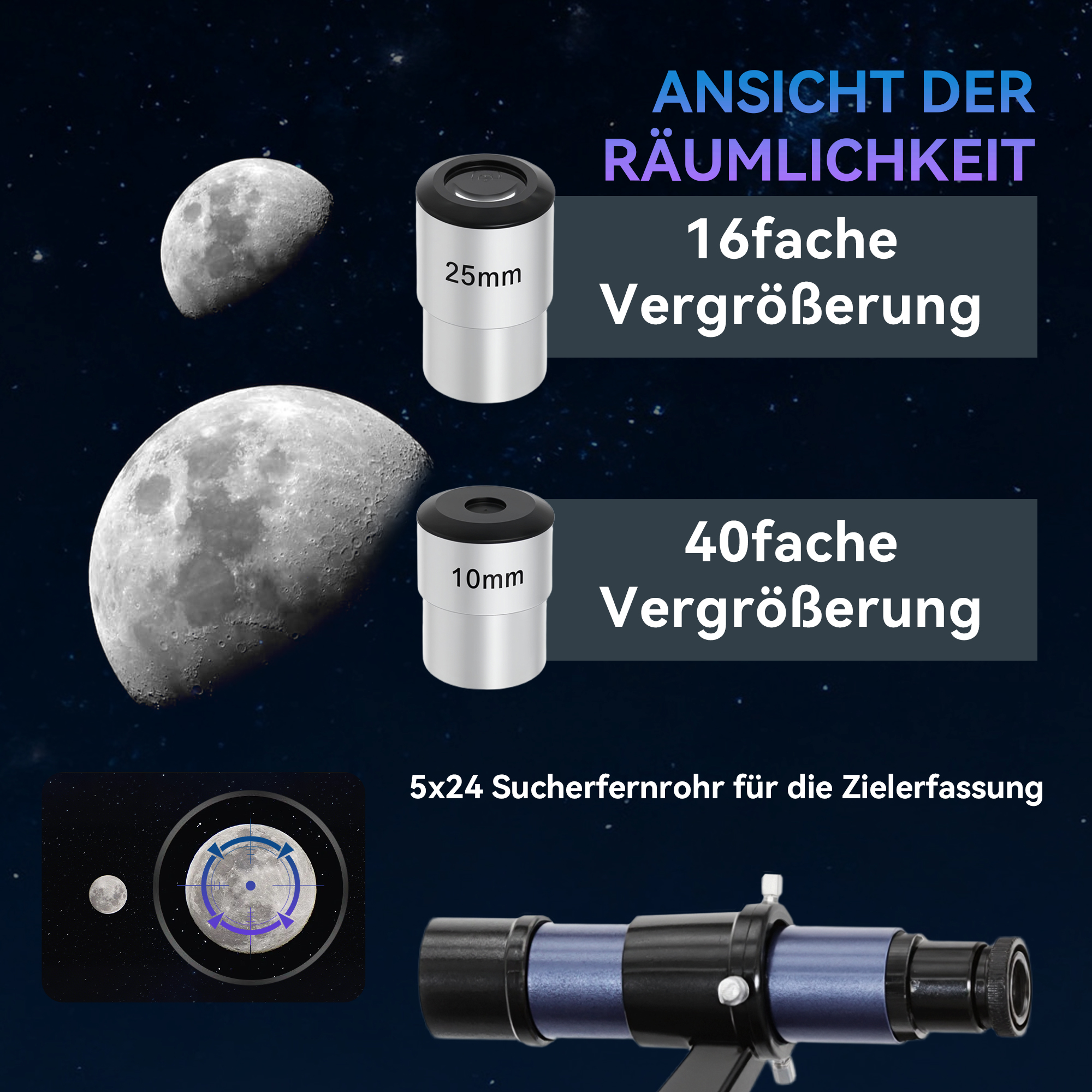 Spiegelteleskop , 114 mm Objektiv, 2 Okulare, Sucherfernrohr, Aluminium, Dunkelblau