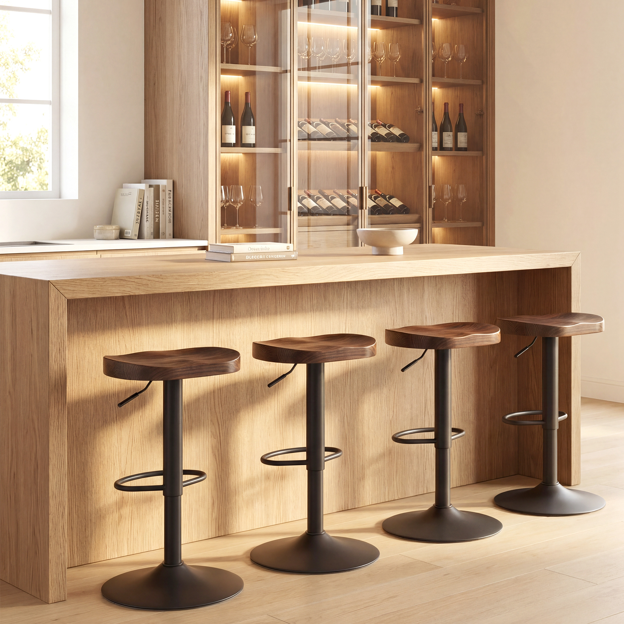 Barhocker Set aus 2, Höhenverstellbare Drehstühle mit Sattelsitz aus Ulmenholz in Dunkelbraun