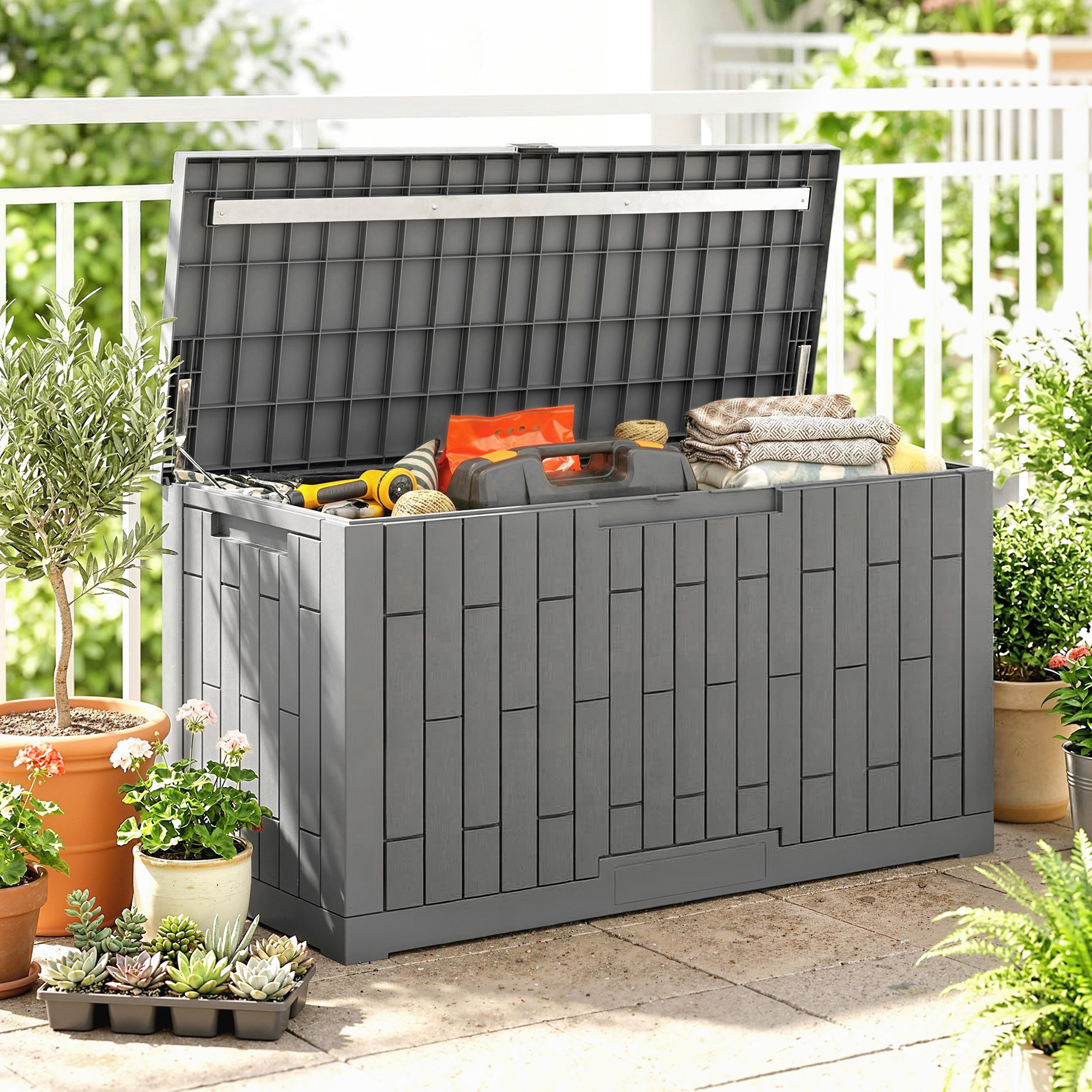 Gartenbox 379 Liter Wasserdicht Abschließbar UV-beständig Auflagenbox mit Holzoptik für Garten 122,5x56x62cm Grau