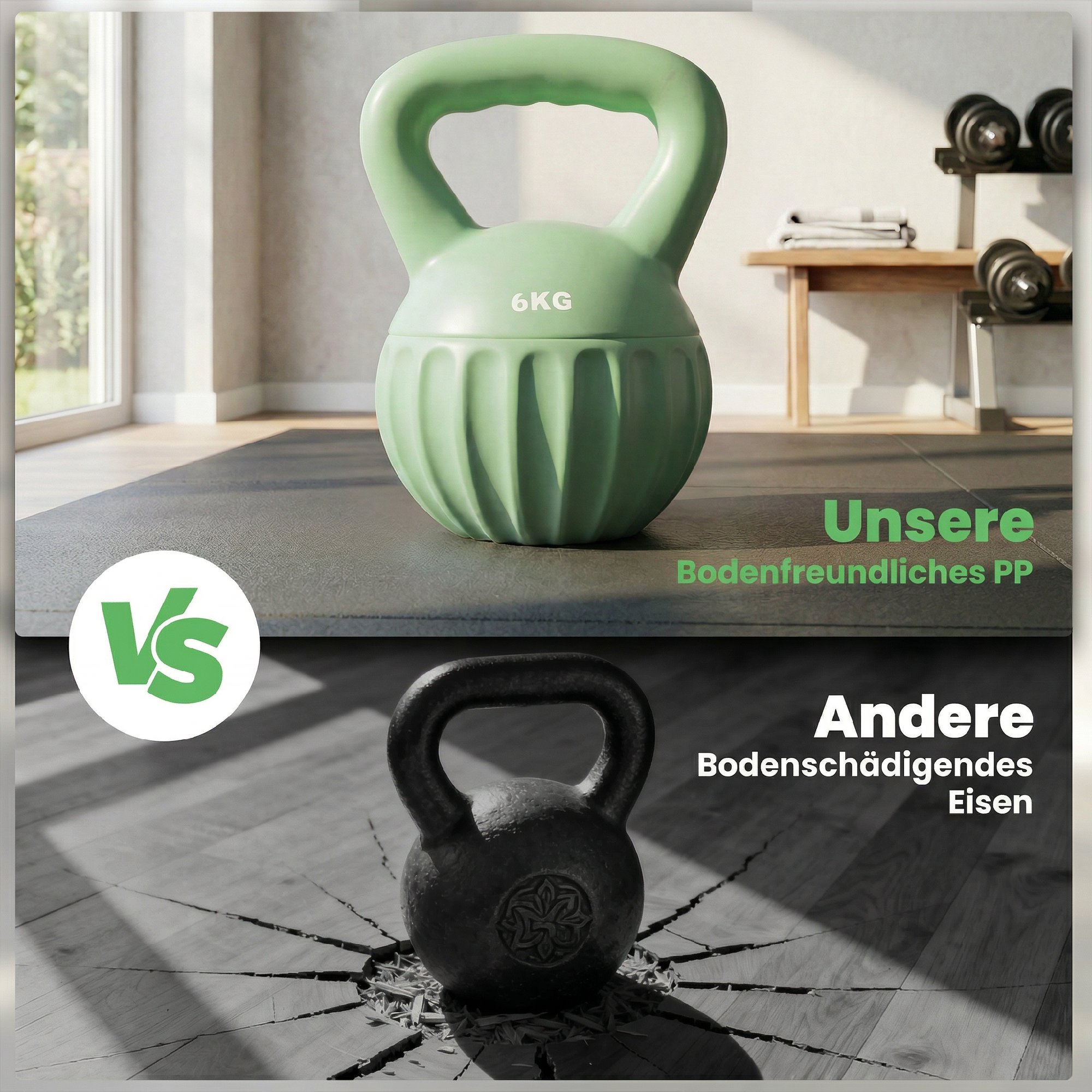 Kettlebell Kugelhantel 6 kg Gewicht-Hantel mit Sand befüllt für Anfänger Zuhause Krafttraining 17 x 17 x 23 cm Grün
