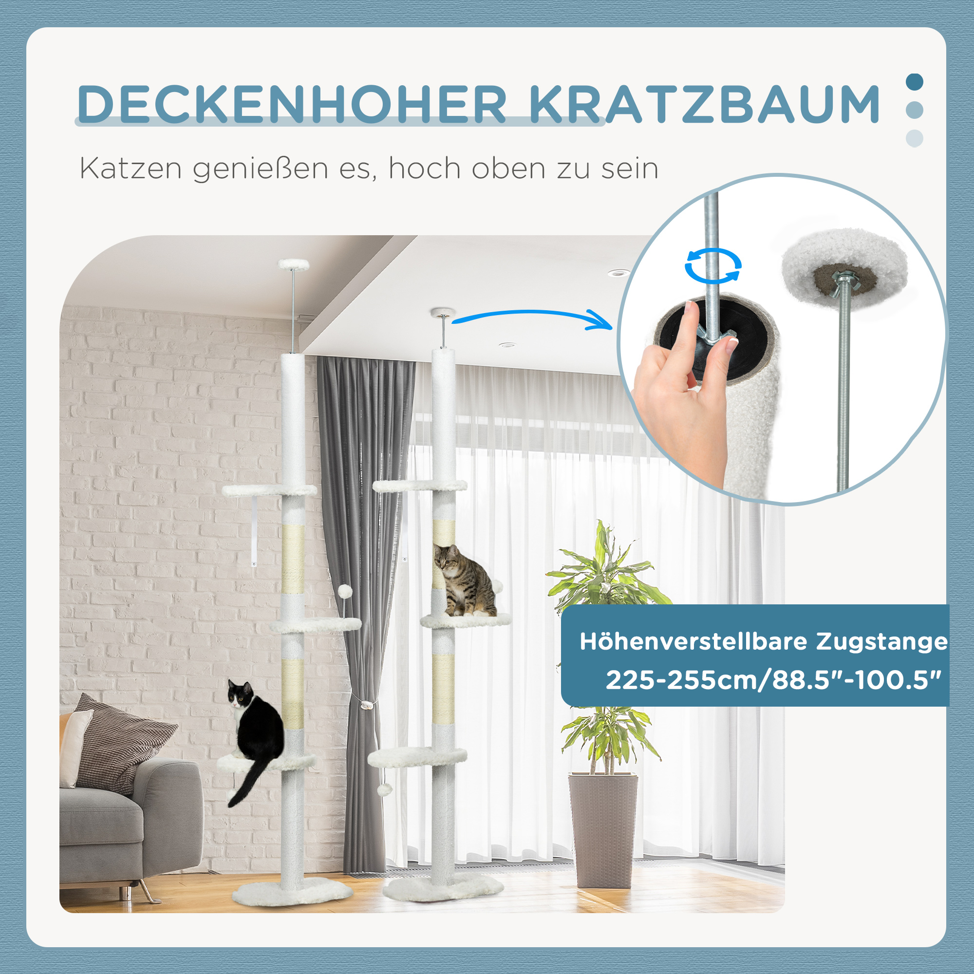 Deckenhoher Kratzbaum, variable Höhe 2,25-2,55 m, Sitzplattformen, Kippschutz, Spielbälle, weiß