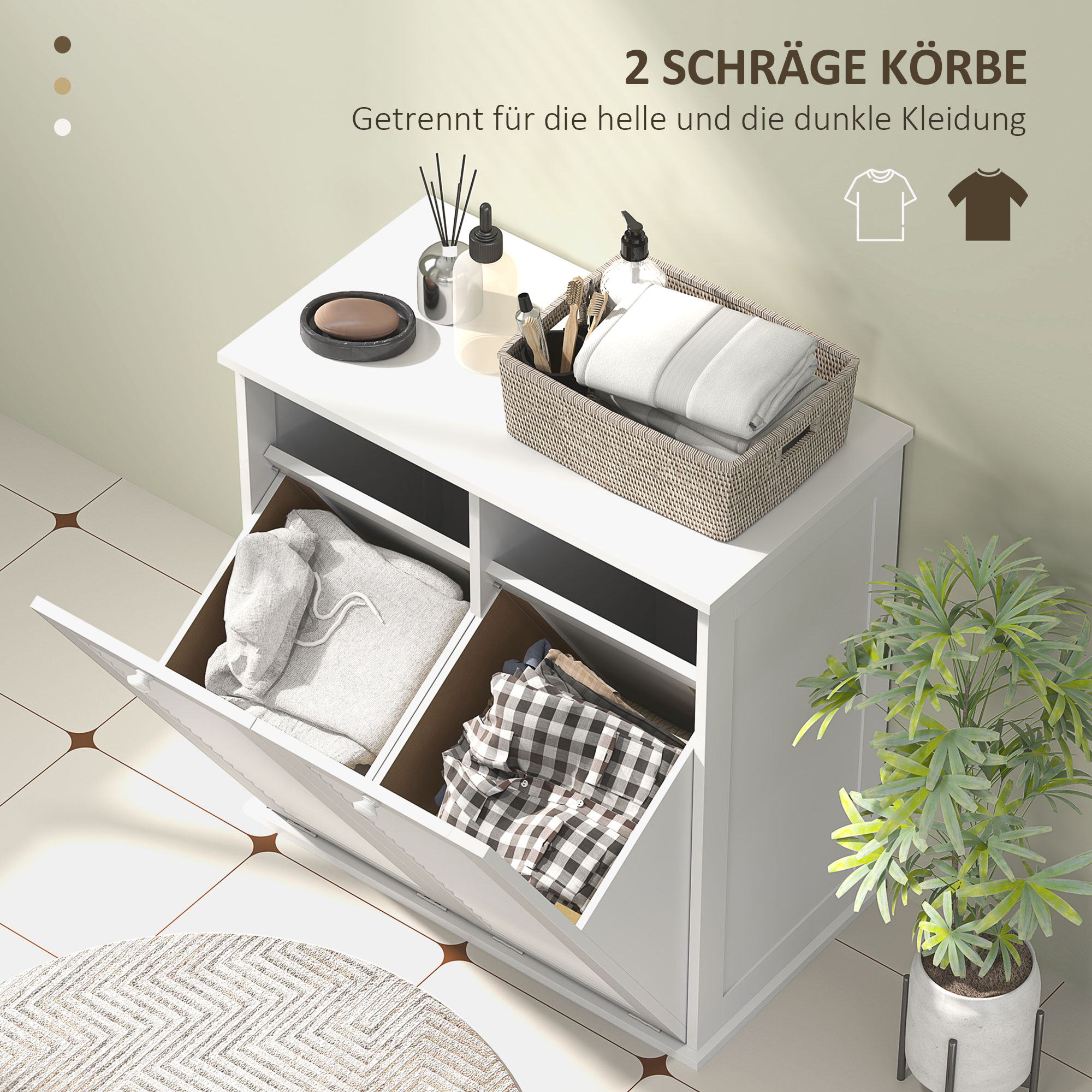 Wäscheschrank, 2 Kippbehälter für Wäsche, 2 Lamellentüren, 70 x 38 x 73 cm, Weiß