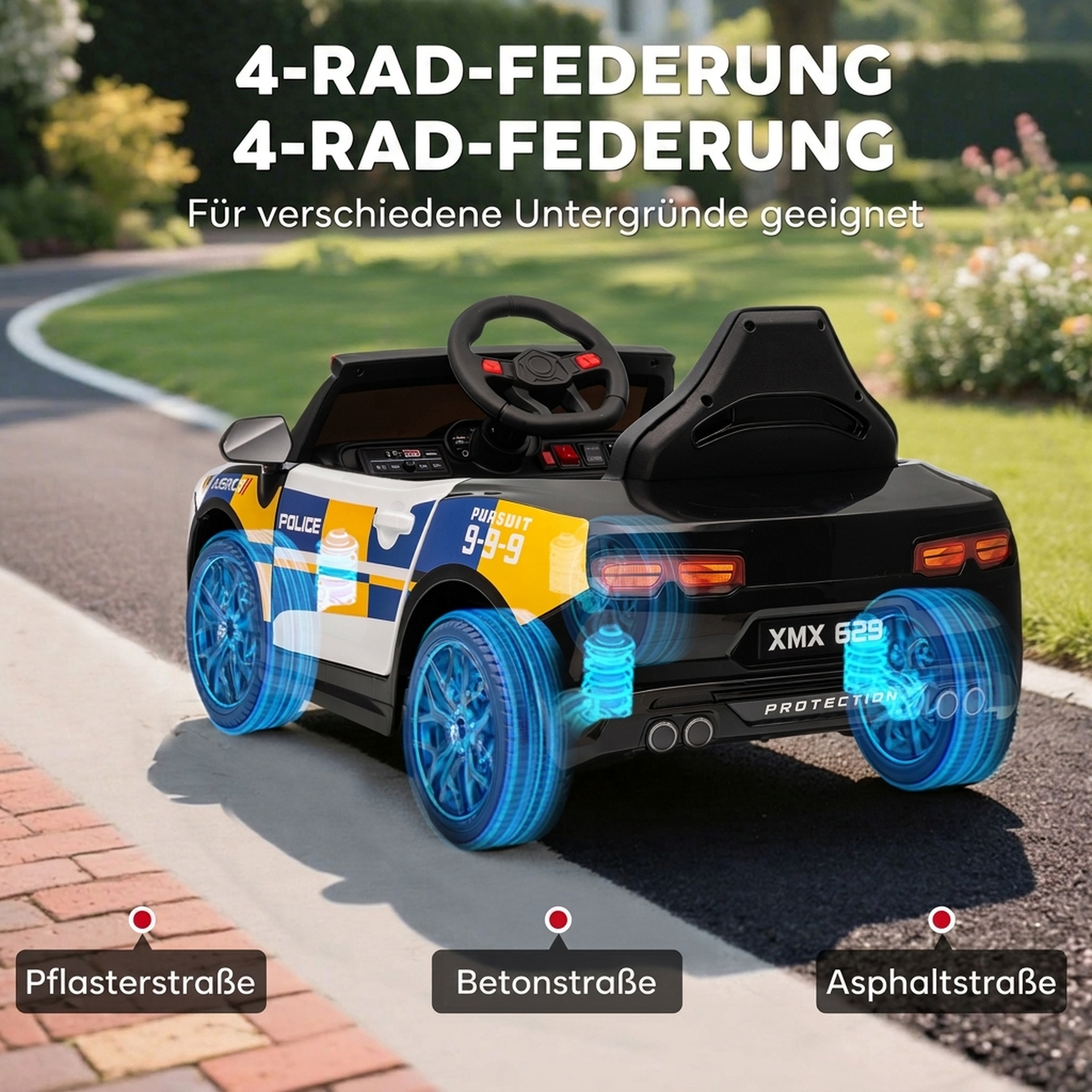 12V Kinder Elektroauto Polizei Polizeiauto mit Fernbedienung Sirene Warnlicht Musik & Hupe Doppelmotoren Federung Weiß